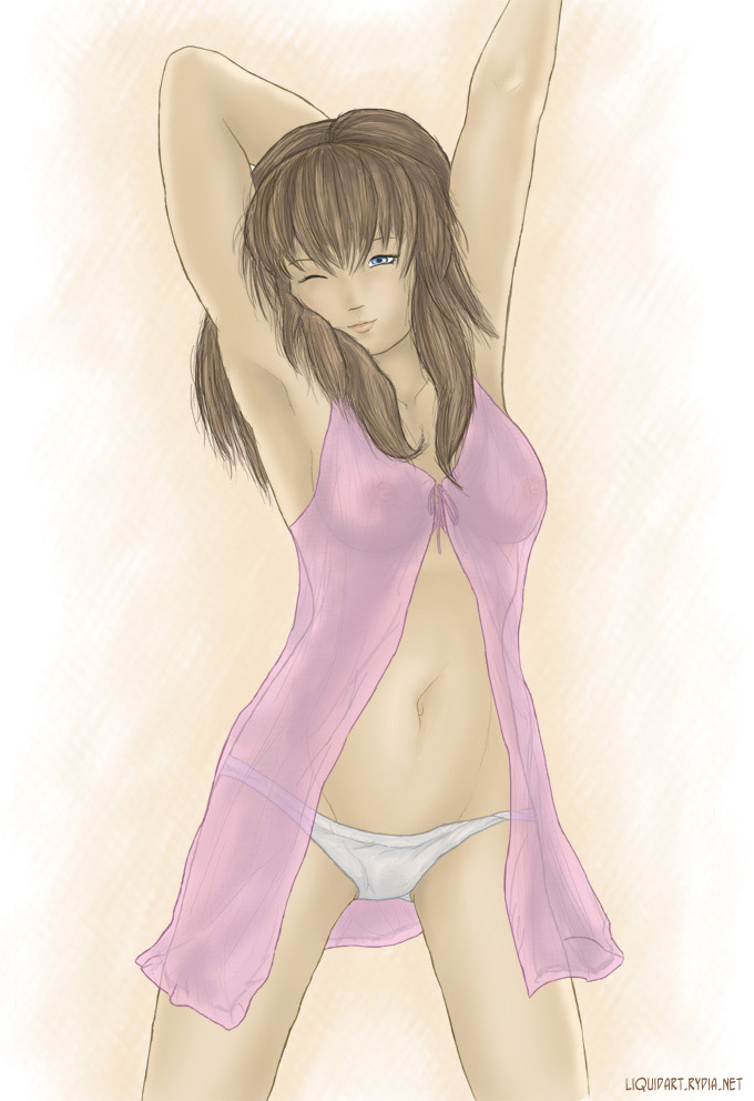 hitomi (doa), dead or alive, tecmo, 1girl, armpits, arms up, blue eyes, breasts, brown hair, female focus, lingerie, navel, negligee, nightgown, panties, see-through clothes, solo, standing, stretching, underwear, white panties