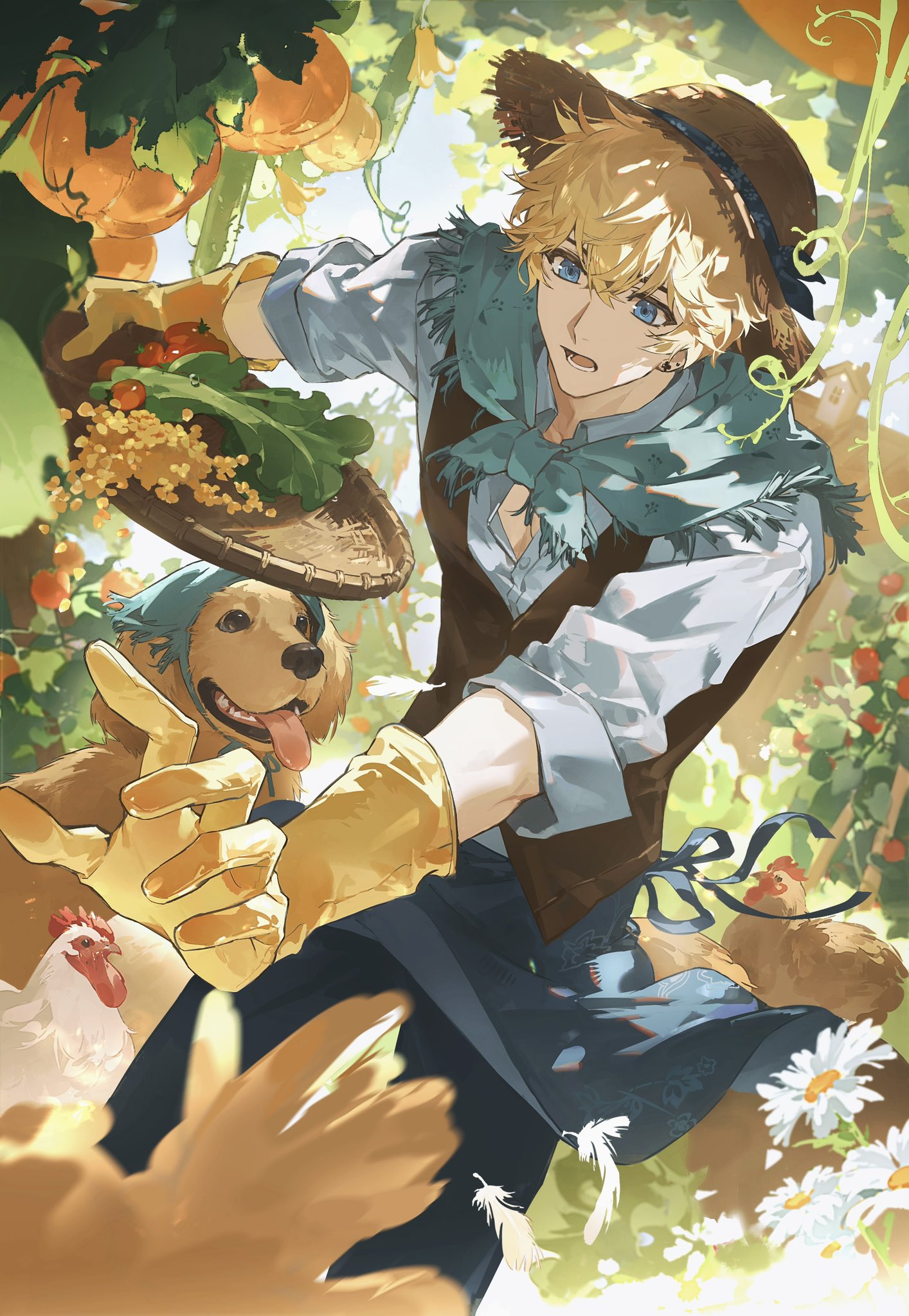 libuqilai, love and producer, highres, 1boy, animal, bird, blonde hair, blue eyes, brown vest, chicken, dog, flower, food, fruit, gloves, green scarf, hat, leaf, nature, open mouth, outdoors, plant, scarf, shirt, short hair, sleeves rolled up, solo, straw hat, sunlight, tree shade, vegetable, vest, vines, white flower, white shirt, yellow gloves, zhou quiluo