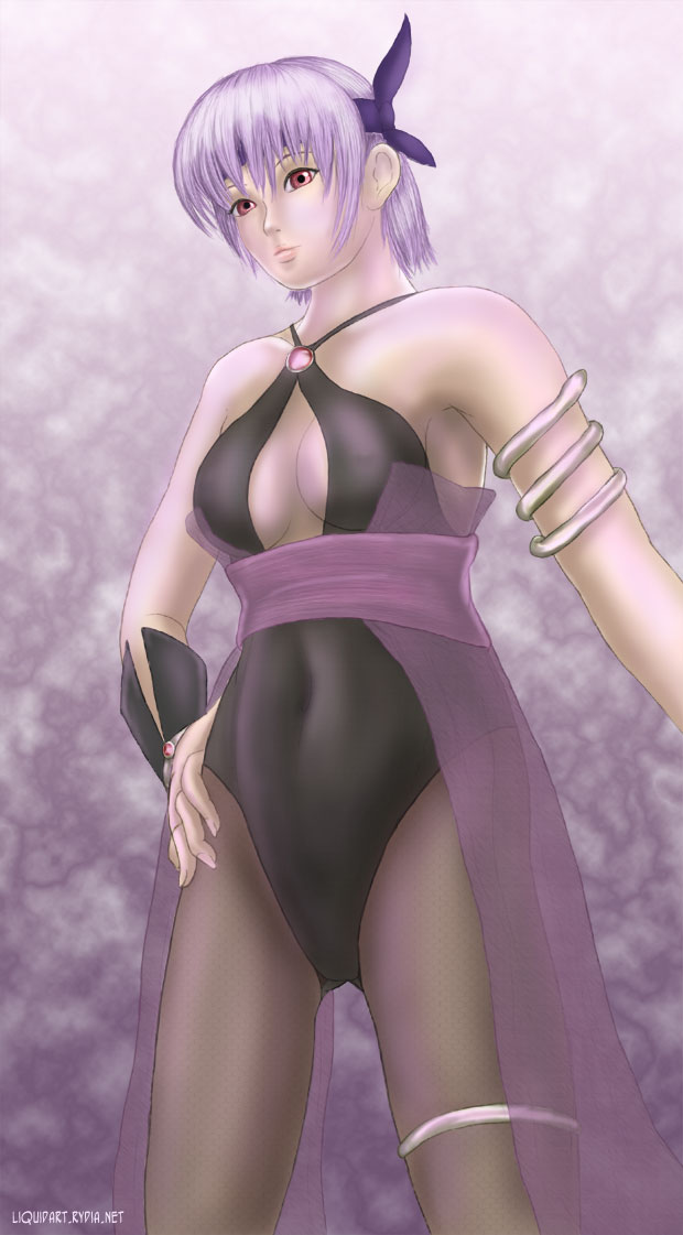 liquidshade, ayane (doa), dead or alive, tecmo, 1girl, armlet, bare shoulders, black pantyhose, breasts, brooch, cleavage, cleavage cutout, clothing cutout, expressionless, female focus, hand on own hip, headband, jewelry, large breasts, pantyhose, pink eyes, purple hair, short hair, skin tight, solo, standing