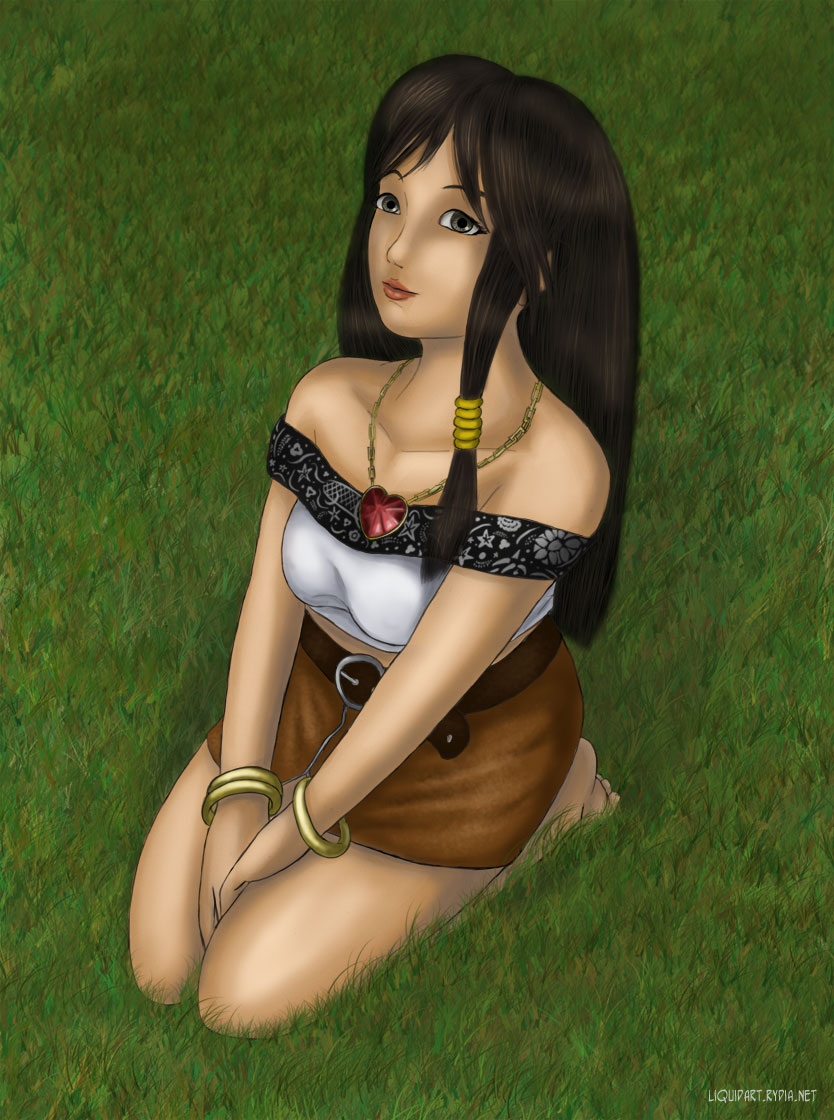 kokoro, liquidshade, kokoro (doa), dead or alive, dead or alive 4, doa4, barefoot, belt, black hair, bracelet, grass, grey eyes, heart, jewelry, long hair, necklace, skirt, solo