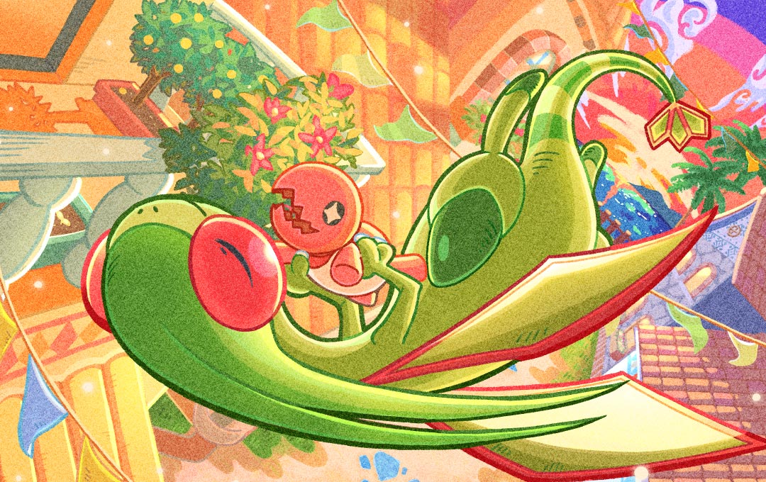 morry kakaka, flygon, trapinch, nintendo, pokemon, pokemon tcg, artist request, check artist, second-party source, closed eyes, closed mouth, cloud, flower, flying, gen 3 pokemon, holding, holding pokemon, house, leaf, no humans, nostrils, open mouth, pink flower, plant, planter, pokemon (creature), pokemon focus, railing, sky, smile, tree, window