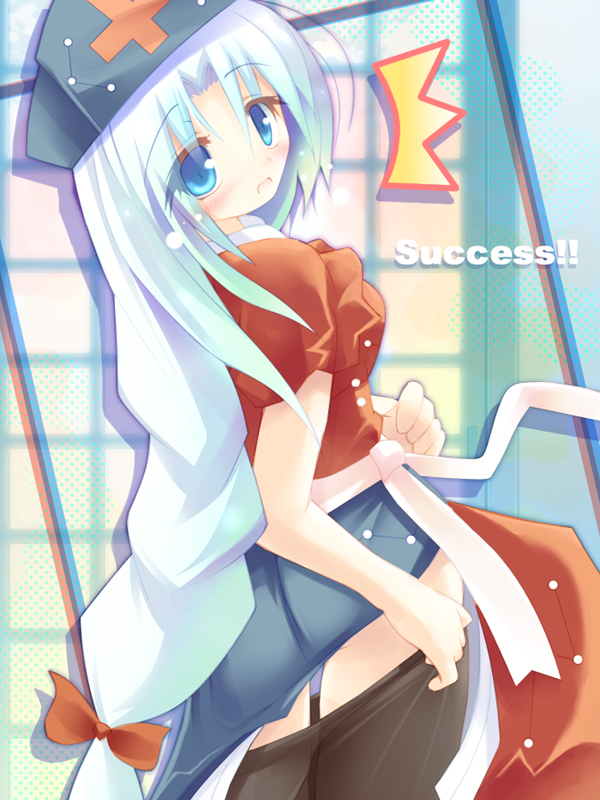 ai takurou, yagokoro eirin, touhou, silver hair, 1girl, :d, ^^^, blue hair, blush, bow, braid, braided ponytail, dress, dressing, female focus, from behind, hair bow, hat, long hair, looking at viewer, looking back, nurse, nurse cap, open mouth, pantyhose, parted bangs, ponytail, sash, single braid, smile, solo, standing, very long hair