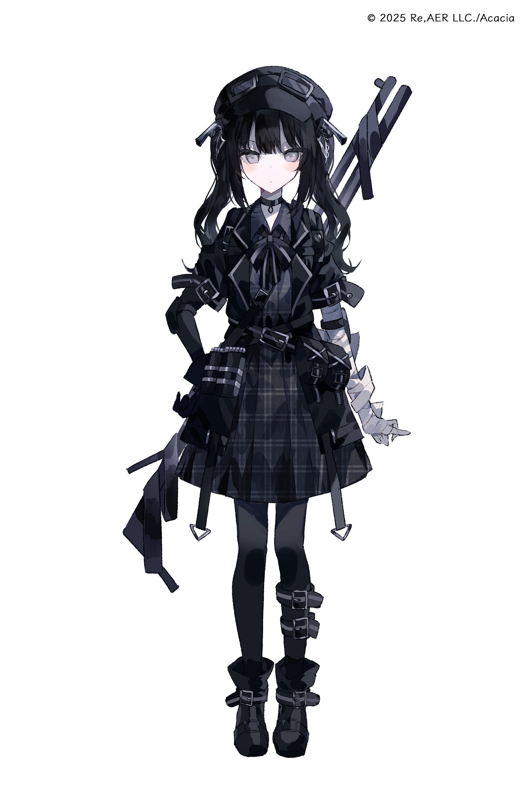 umemaro (siona0908), mahou shoujo no majo saiban, absurdres, highres, official art, second-party source, 1girl, ammunition pouch, bandaged arm, bandages, belt, belt pouch, black belt, black boots, black choker, black dress, black hair, black hat, black pantyhose, black ribbon, boots, choker, closed mouth, collared dress, copyright notice, dress, expressionless, full body, goggles, goggles on headwear, grey eyes, gun, hat, kurobe nanoka, long hair, long sleeves, looking at viewer, magical girl, neck ribbon, newsboy cap, pale skin, pantyhose, pouch, ribbon, rifle, simple background, solo, standing, tachi-e, twintails, weapon, weapon on back, white background