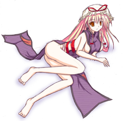yakumo yukari, touhou, artist request, 1girl, barefoot, blonde hair, breasts, china dress, chinese clothes, dress, feet, female focus, hat, large breasts, lying, naked tabard, nightcap, on side, panties, pink hair, pink panties, sideboob, solo, tabard, toes, underwear