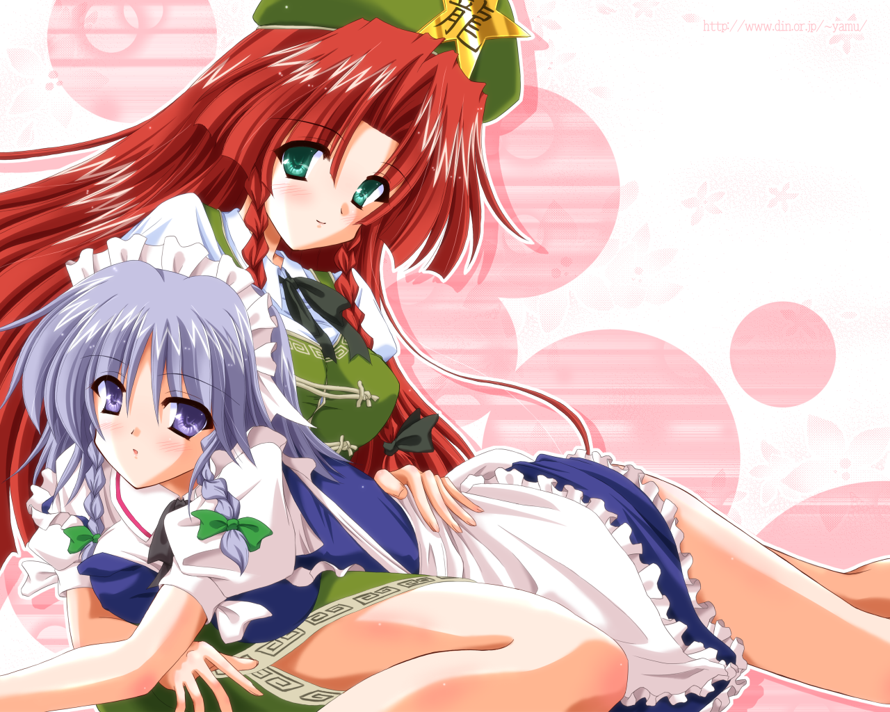 yamu (reverse noise), hong meiling, izayoi sakuya, embodiment of scarlet devil, touhou, hand on back, light purple hair, 2girls, apron, blush, bow, braid, china dress, chinese clothes, dress, female focus, green eyes, hair bow, hat, long hair, lying, maid, maid apron, maid headdress, multiple girls, on stomach, open mouth, purple eyes, red hair, short hair, smile, star (symbol), twin braids, yuri