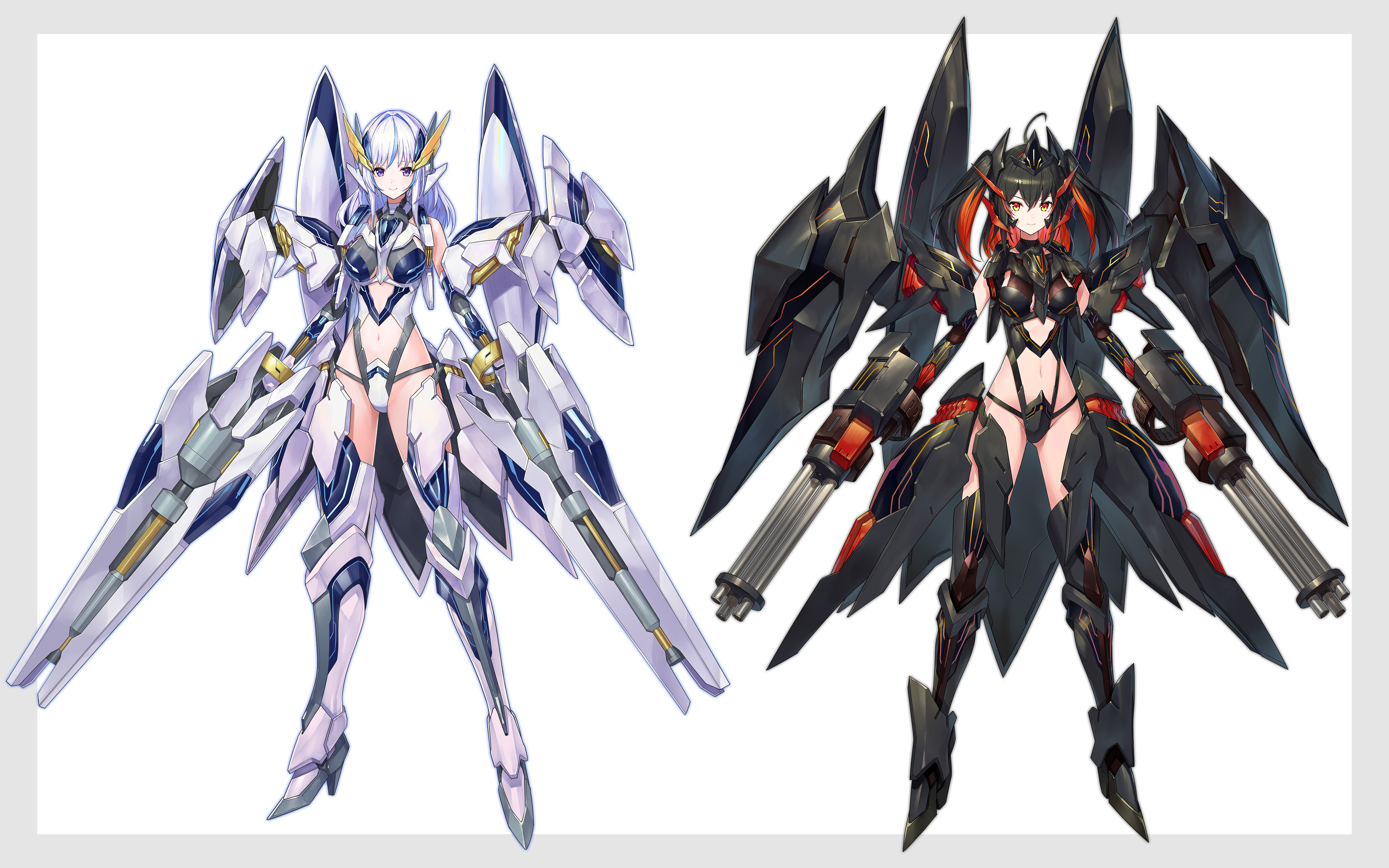 mytea (soso), original, absurdres, commentary, english commentary, highres, mixed-language commentary, textless version, 2girls, ahoge, armor, armored boots, bare shoulders, beam rifle, black hair, black leotard, blue hair, boots, breasts, closed mouth, clothing cutout, colored inner hair, energy gun, full body, gatling gun, groin, hair between eyes, hair intakes, headgear, hip vent, leotard, long hair, looking at viewer, mecha musume, mechanical wings, medium breasts, multicolored hair, multiple girls, navel, navel cutout, purple eyes, red eyes, red hair, revealing clothes, shoulder armor, sidelocks, simple background, smile, standing, stomach, streaked hair, tachi-e, thigh boots, twintails, two-tone hair, weapon, white armor, white background, white hair, white leotard, wings