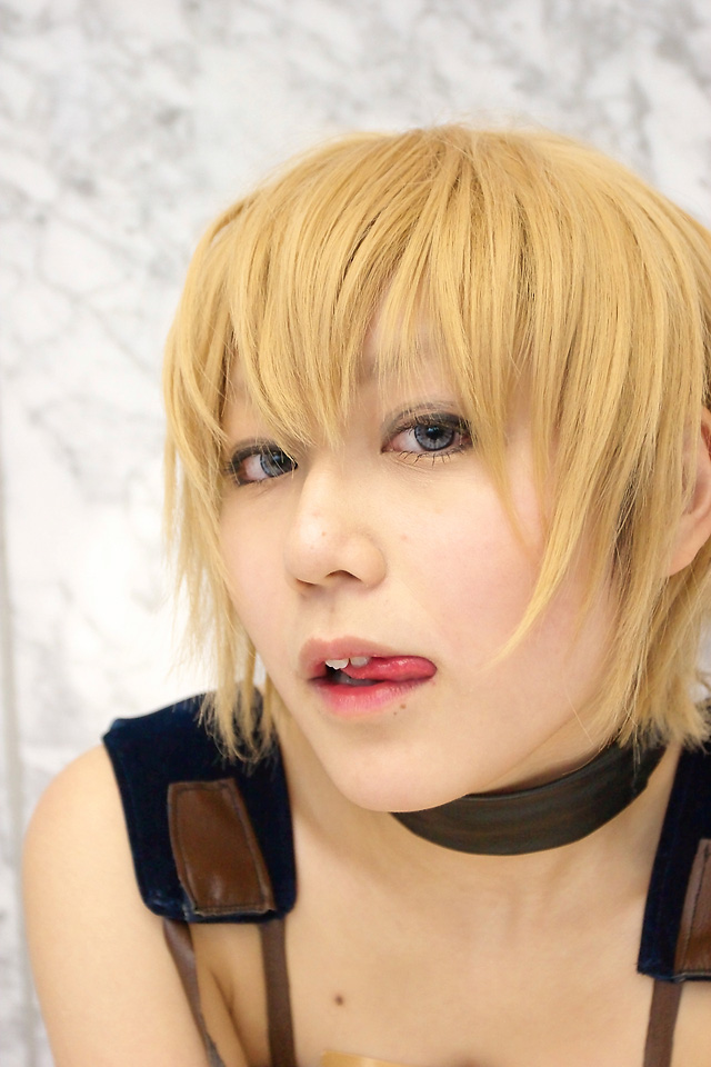 cosplay photo, photo (medium), 1girl, blonde hair, collar, cosplay, female focus, short hair, solo, tongue
