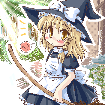 kirisame marisa, embodiment of scarlet devil, touhou, lowres, 1girl, black hat, blonde hair, braid, broom, chibi, chibi only, female focus, hat, nature, oekaki, outdoors, plant, solo, witch, witch hat