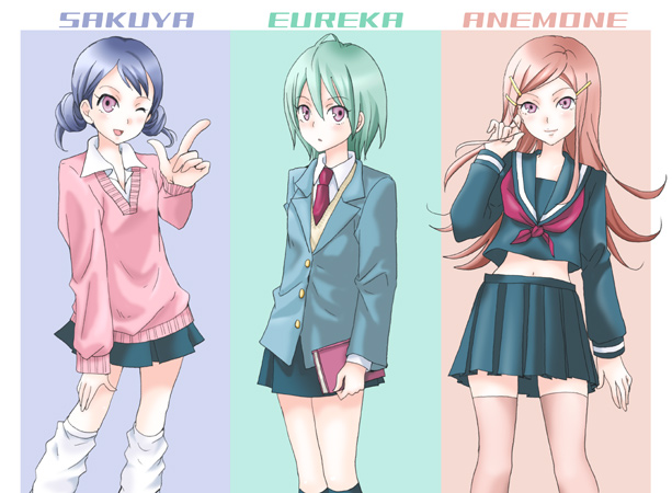 anemone (eureka seven), eureka (eureka seven), sakuya (eureka seven), eureka seven, eureka seven (series), 00s, 3girls, blazer, jacket, multiple girls, pleated skirt, school uniform, skirt, sweater, thighhighs