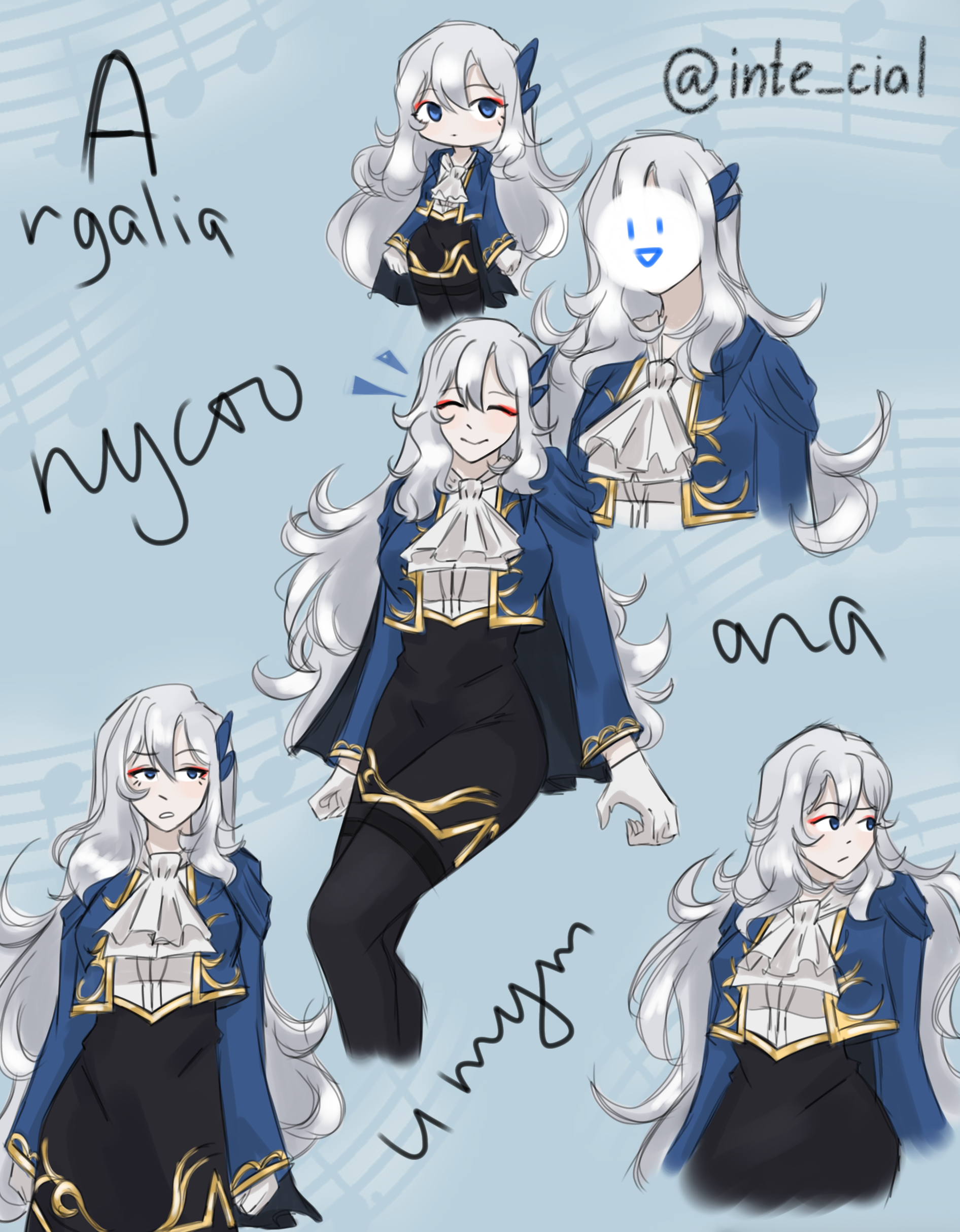 argalia (project moon), library of ruina, project moon, absurdres, highres, 1girl, artist name, ascot, breasts, character name, chibi, expressionless, genderswap, genderswap (mtf), jacket, long hair, looking to the side, makeup, mask, multiple views, open clothes, open jacket, pantyhose, shirt, skirt, smile, white hair