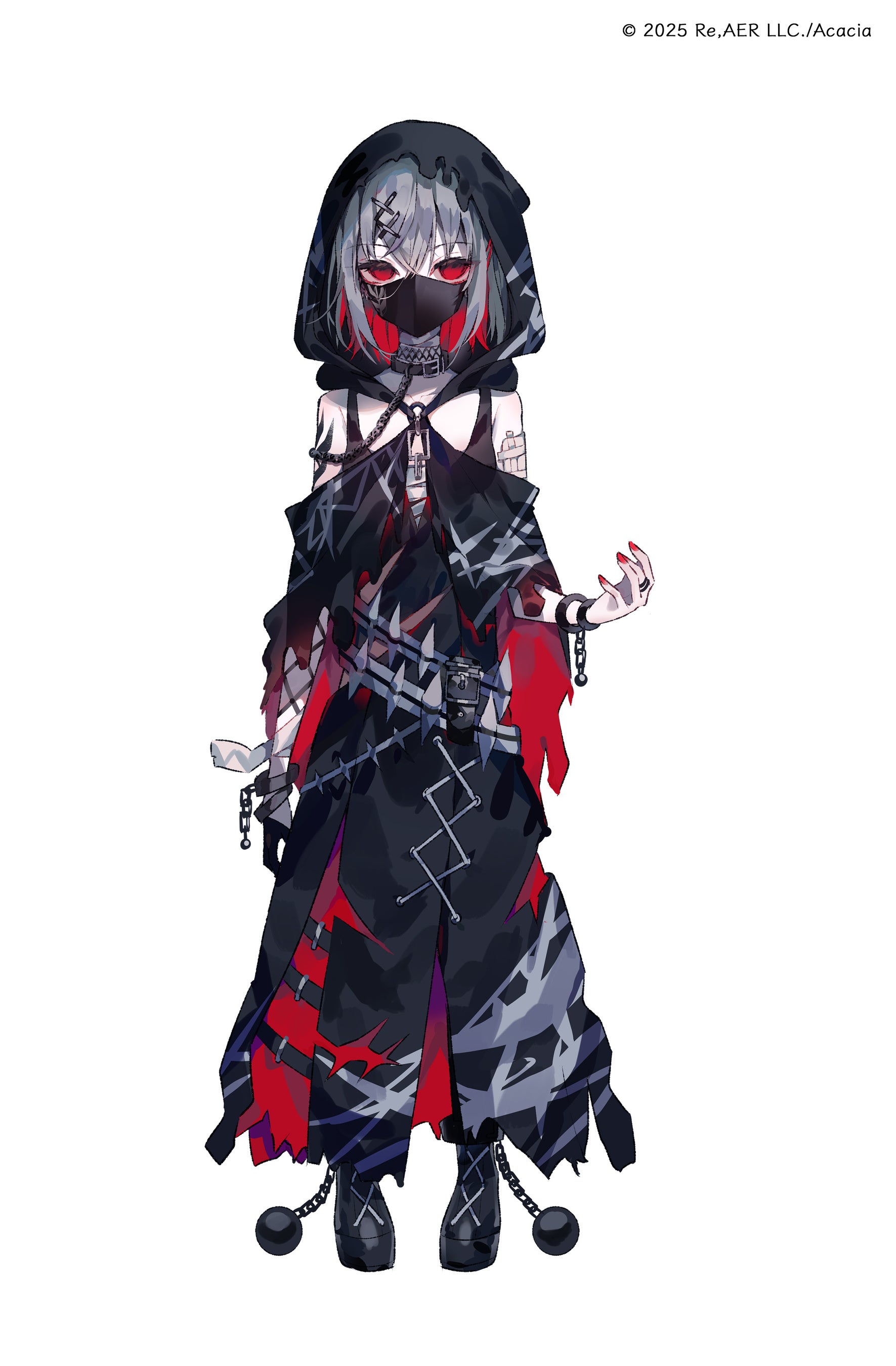 umemaro (siona0908), mahou shoujo no majo saiban, absurdres, highres, official art, second-party source, 1girl, arm tattoo, ball and chain restraint, black boots, black collar, black dress, boots, collar, colored inner hair, copyright notice, covered mouth, cuffs, dress, empty eyes, full body, gauze, grey hair, hair ornament, hood, hood up, looking at viewer, magical girl, mask, mouth mask, multicolored hair, nail polish, pale skin, red eyes, red hair, red nails, shackles, shitou arisa, short hair, simple background, solo, standing, tachi-e, tattoo, torn clothes, torn dress, white background, x hair ornament