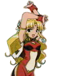 ranpha franboise, broccoli (company), galaxy angel, animated, animated gif, lowres, 00s, 1girl, ass shake, blonde hair, dancing, dress, facial mark, female focus, forehead mark, gloves, hair ornament, hairclip, long hair, looking at viewer, open mouth, side slit, smile, solo, transparent background, very long hair