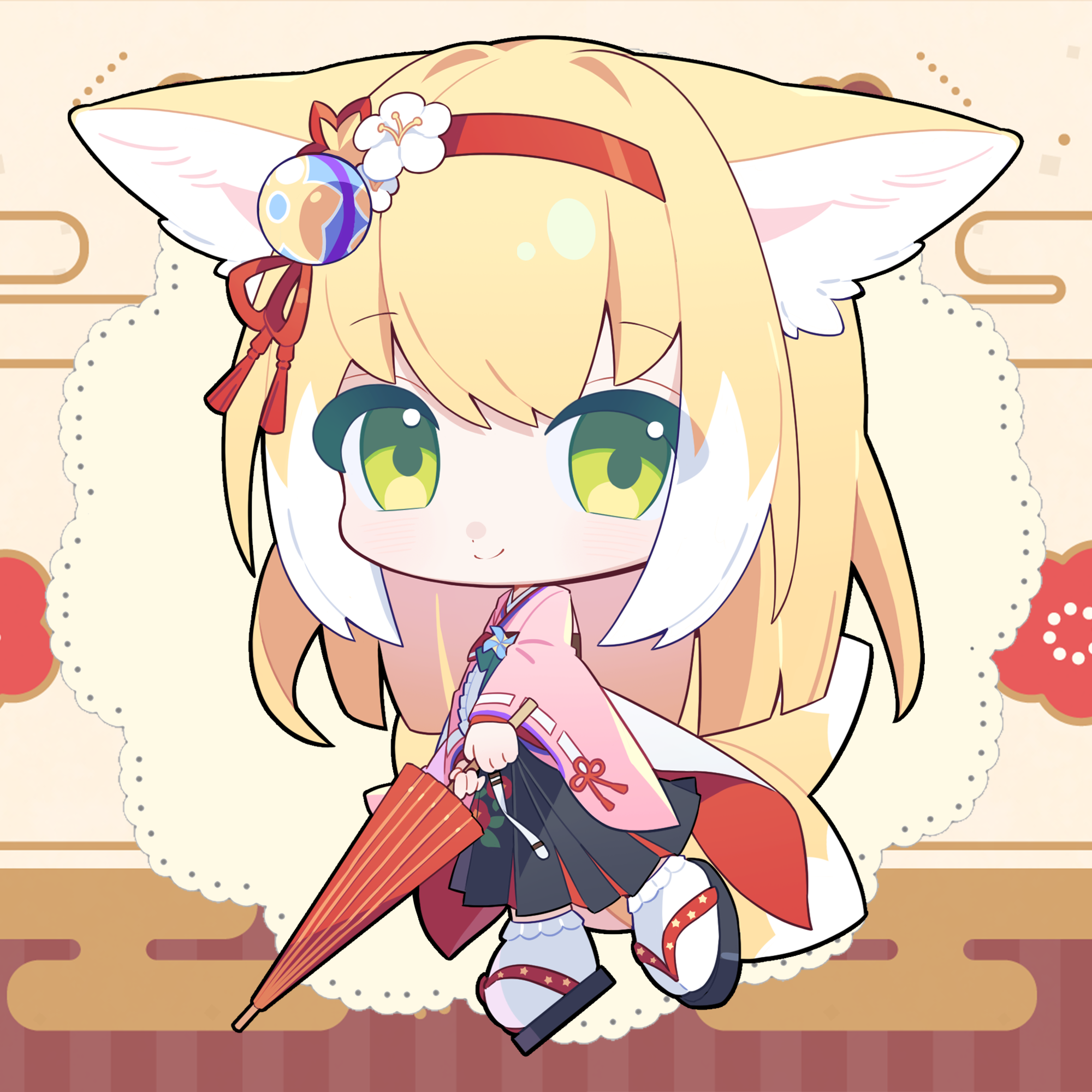 miaoneko, suzuran (arknights), suzuran (yukibare) (arknights), arknights, chinese commentary, commentary request, highres, 1girl, animal ears, black hakama, blonde hair, chibi, chibi only, closed umbrella, fox ears, fox girl, fox tail, green eyes, hair ornament, hairband, hakama, holding, holding umbrella, japanese clothes, kimono, official alternate costume, pink kimono, red hairband, red umbrella, skirt, smile, socks, solo, tail, umbrella, white socks, yagasuri
