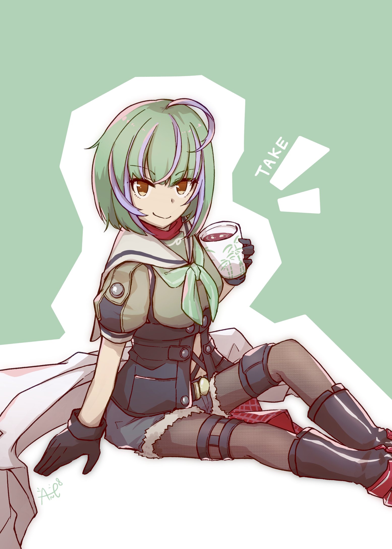 ane hoshimaru, take (kancolle), kantai collection, highres, 1girl, ahoge, black boots, black gloves, black pantyhose, bob cut, boots, breasts, character name, cutoffs, drink, gloves, green hair, green neckerchief, grey sailor collar, grey shorts, inverted bob, knee pads, medium breasts, multicolored hair, neckerchief, pantyhose, purple hair, sailor collar, sailor shirt, school uniform, serafuku, shirt, short hair, short sleeves, shorts, single knee pad, sitting, solo, streaked hair, tumbler