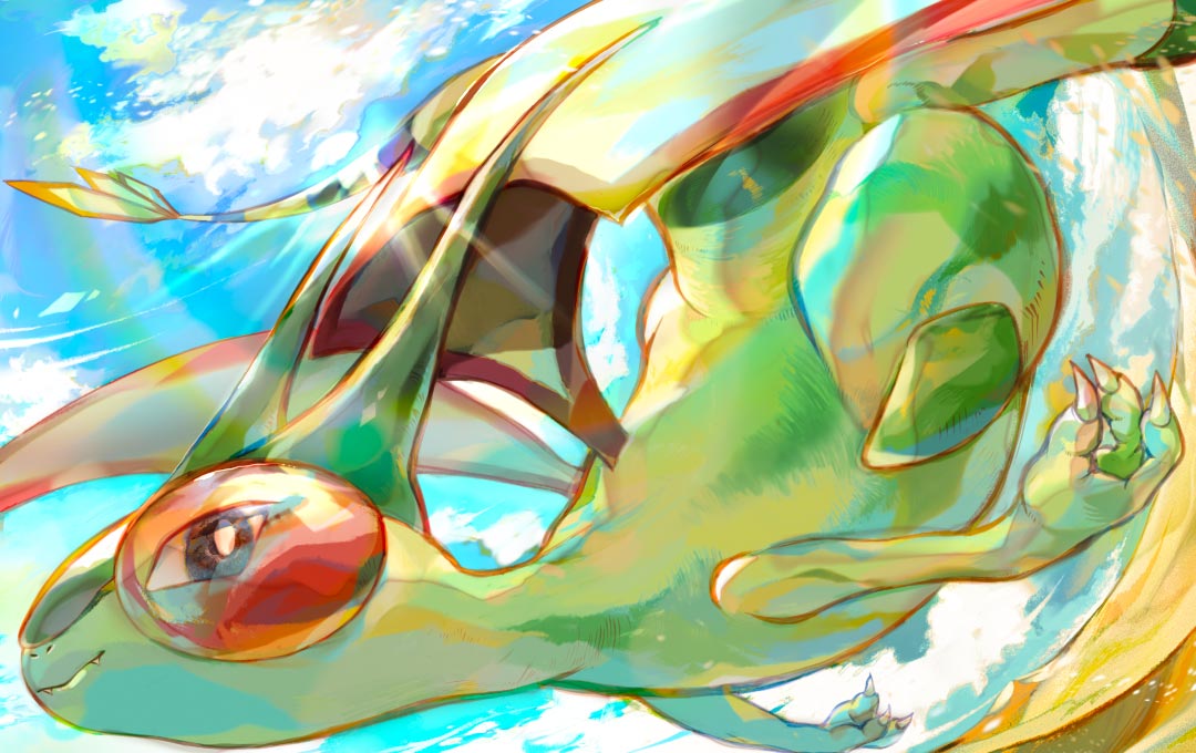 yamamoto peperoncino, flygon, nintendo, pokemon, pokemon tcg, second-party source, blue sky, claws, closed mouth, cloud, day, fangs, flying, gen 3 pokemon, no humans, nostrils, outdoors, pokemon (creature), pokemon focus, sky, smile, solo