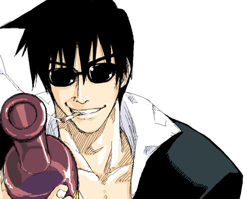 satou atsuki, nicholas d. wolfwood, trigun, lowres, 1boy, black hair, bottle, cigarette, male focus, mouth hold, open collar, short hair, smirk, smoke, smoking, solo, sunglasses