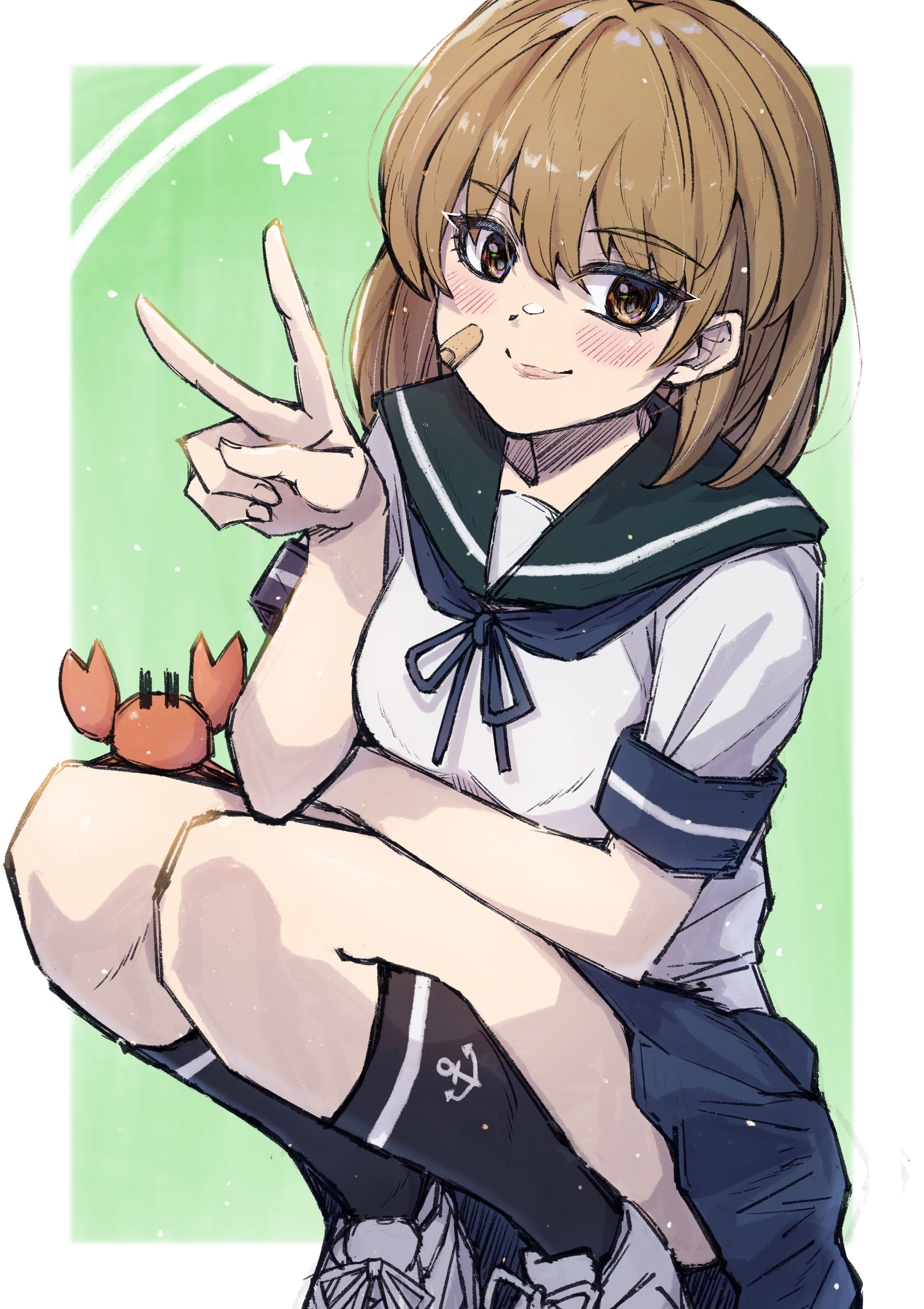 ld (luna dial398), oboro (kancolle), kantai collection, absurdres, commentary request, highres, 1girl, bandaid, bandaid on face, black socks, blue neckerchief, blue sailor collar, blue skirt, brown eyes, brown hair, crab, green background, neckerchief, sailor collar, sailor shirt, school uniform, serafuku, shirt, short hair, skirt, smile, socks, squatting, v, white shirt