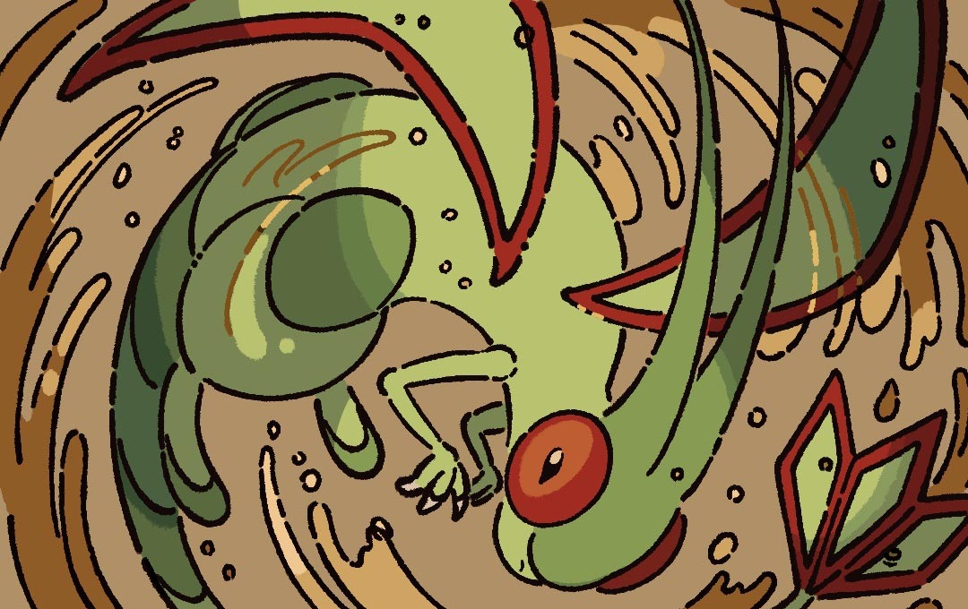 flygon, nintendo, pokemon, pokemon tcg, second-party source, claws, flat color, gen 3 pokemon, no humans, pokemon (creature), pokemon focus, sand, solo, yuhara ichiro