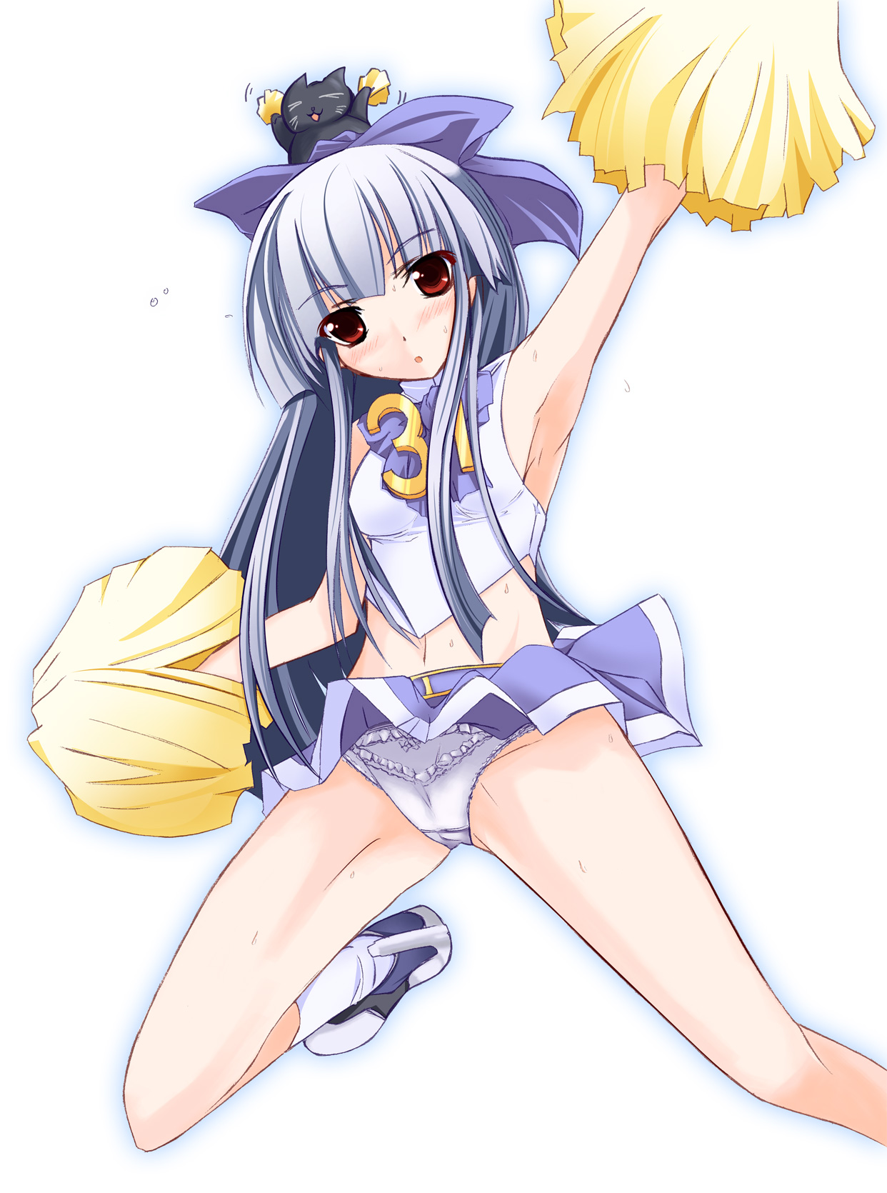 3.1-tan, dos cat, os-tan, silver hair, highres, 1girl, blush, bow, bow panties, cheerleader, female focus, frilled panties, frills, hair bow, jumping, lace, lace-trimmed panties, lace trim, long hair, midriff, panties, pantyshot, pom pom (cheerleading), red eyes, shoes, sleeveless, socks, solo, underwear, upskirt, white panties
