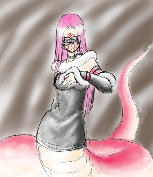 medusa (fate), medusa (rider) (fate), fate/stay night, fate (series), 00s, 1girl, blindfold, blood, blood on face, dress, female focus, lamia, long hair, monster girl, pink hair, scales, snake hair, solo, strapless, strapless dress