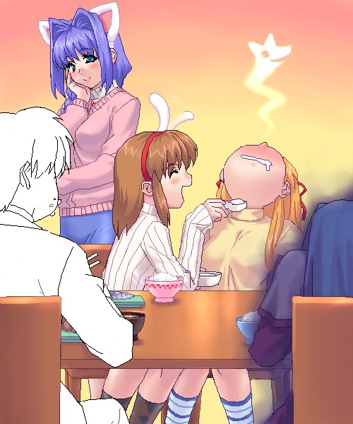 zen, aizawa yuuichi, minase akiko, minase nayuki, sawatari makoto, tsukimiya ayu, kanon, 1boy, 4girls, animal ears, aura, cat ears, dark aura, giving up the ghost, hair intakes, multiple girls, oekaki, tail, tail wagging