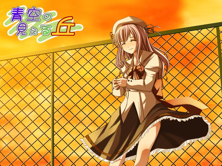 yuuji overall, suwa nonoka, aozora no mieru oka, 1girl, against fence, black skirt, blush, bow, bowtie, chain-link fence, closed eyes, collared shirt, evening, female focus, fence, hair ribbon, hat, legs, long hair, long sleeves, orange sky, puffy long sleeves, puffy sleeves, ribbon, shirt, skirt, sky, smile, solo, standing