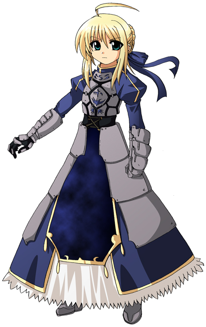 sawano akira, artoria pendragon (fate), saber (fate), fate/stay night, fate (series), 00s, 1girl, ahoge, armor, armored dress, blonde hair, dress, faulds, female focus, gauntlets, green eyes, hair ribbon, looking at viewer, ribbon, simple background, solo, white background