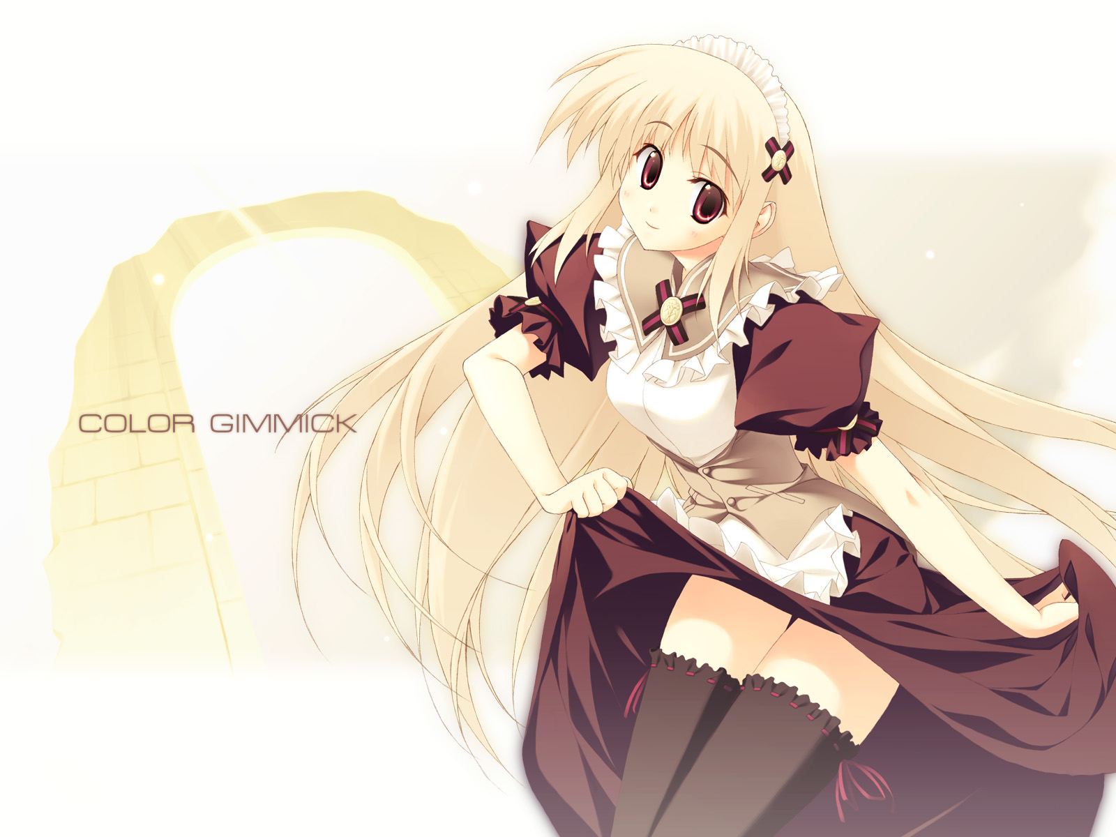 miyatsuki itsuka, highres, blonde hair, blush, clothes lift, long hair, maid, red eyes, skirt, skirt lift, solo, thighhighs, very long hair