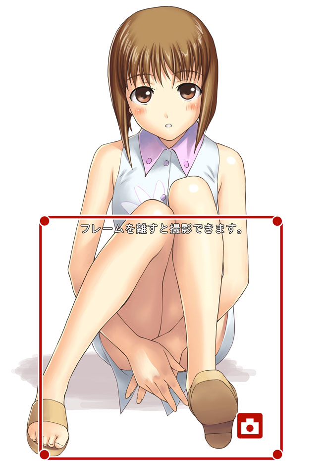 tanaka shoutarou, hagiwara yukiho, idolmaster, idolmaster (classic), idolmaster 1, 00s, 1girl, blush, brown eyes, brown hair, covering crotch, covering privates, feet, female focus, legs, looking at viewer, sandals, shirt, short hair, shy, sitting, skirt, sleeveless, sleeveless shirt, solo, v arms