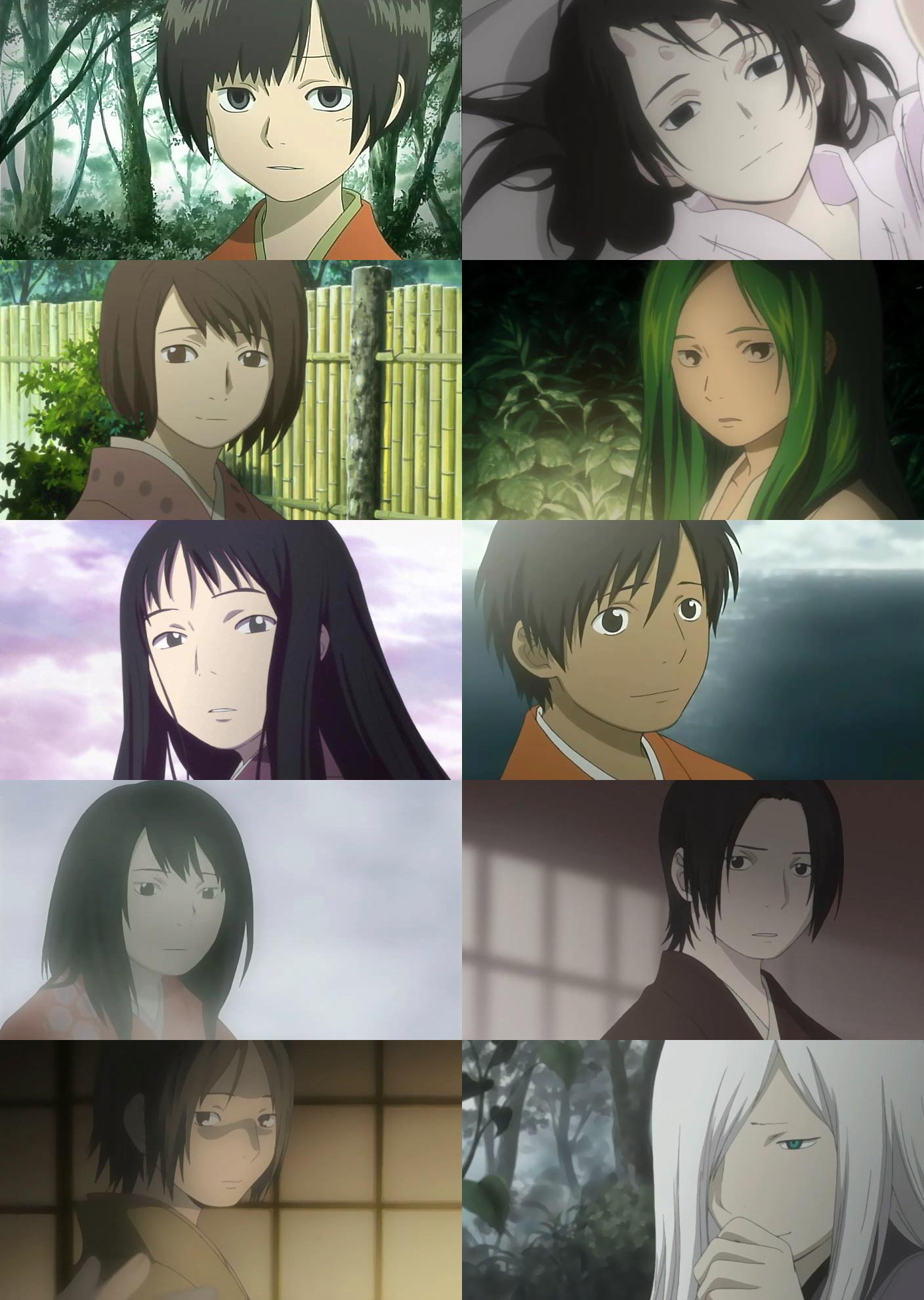 renzu, akoya (mushishi), io (mushishi), kinu (mushishi), matsuno (mushishi), michihi (mushishi), nami (mushishi), nui (mushishi), renzu (mushishi), saku (mushishi), sayo (mushishi), tagane (mushishi), mushishi, silver hair, wall, anime screenshot, highres, 6+girls, :o, black hair, brown hair, close-up, fence, forest, green hair, hand to own mouth, leaf, long hair, lying, multiple girls, nature, on back, parted lips, pillow, plant, short hair, smile, split screen, sunlight, tree, upper body, very long hair, water