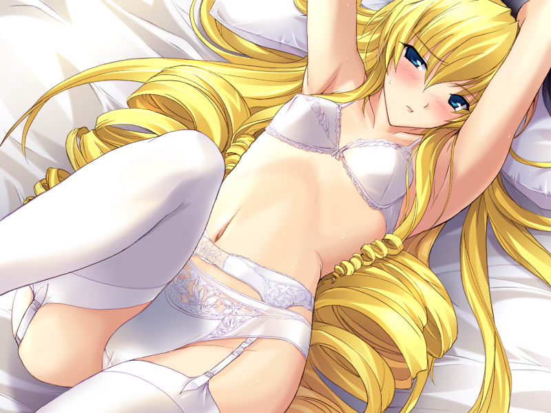 onigirikun, elise valetta, pastel chime, pastel chime continue, game cg, 1girl, aqua eyes, armpits, arms up, bdsm, bed, bed sheet, blonde hair, blue eyes, blush, bondage, bound, bound wrists, bow, bow bra, bra, breasts, cameltoe, drill hair, dutch angle, embarrassed, female focus, from above, garter belt, hair between eyes, hair spread out, indoors, lace, lace-trimmed bra, lace-trimmed panties, lace trim, leg up, lingerie, long hair, looking at viewer, lying, navel, on back, panties, pillow, see-through clothes, shadow, small breasts, solo, sweat, thighhighs, underwear, underwear only, very long hair, white bra, white panties, white thighhighs