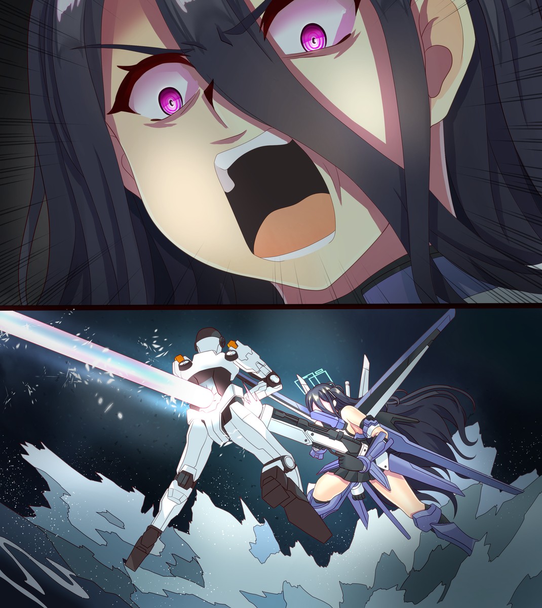 aris (blue archive), blue archive, gundam, gundam seed, gundam seed destiny, angry, gun, halo, impaled, long hair, mecha musume, mechanical wings, purple eyes, robot, robot girl, water, waves, weapon, wings
