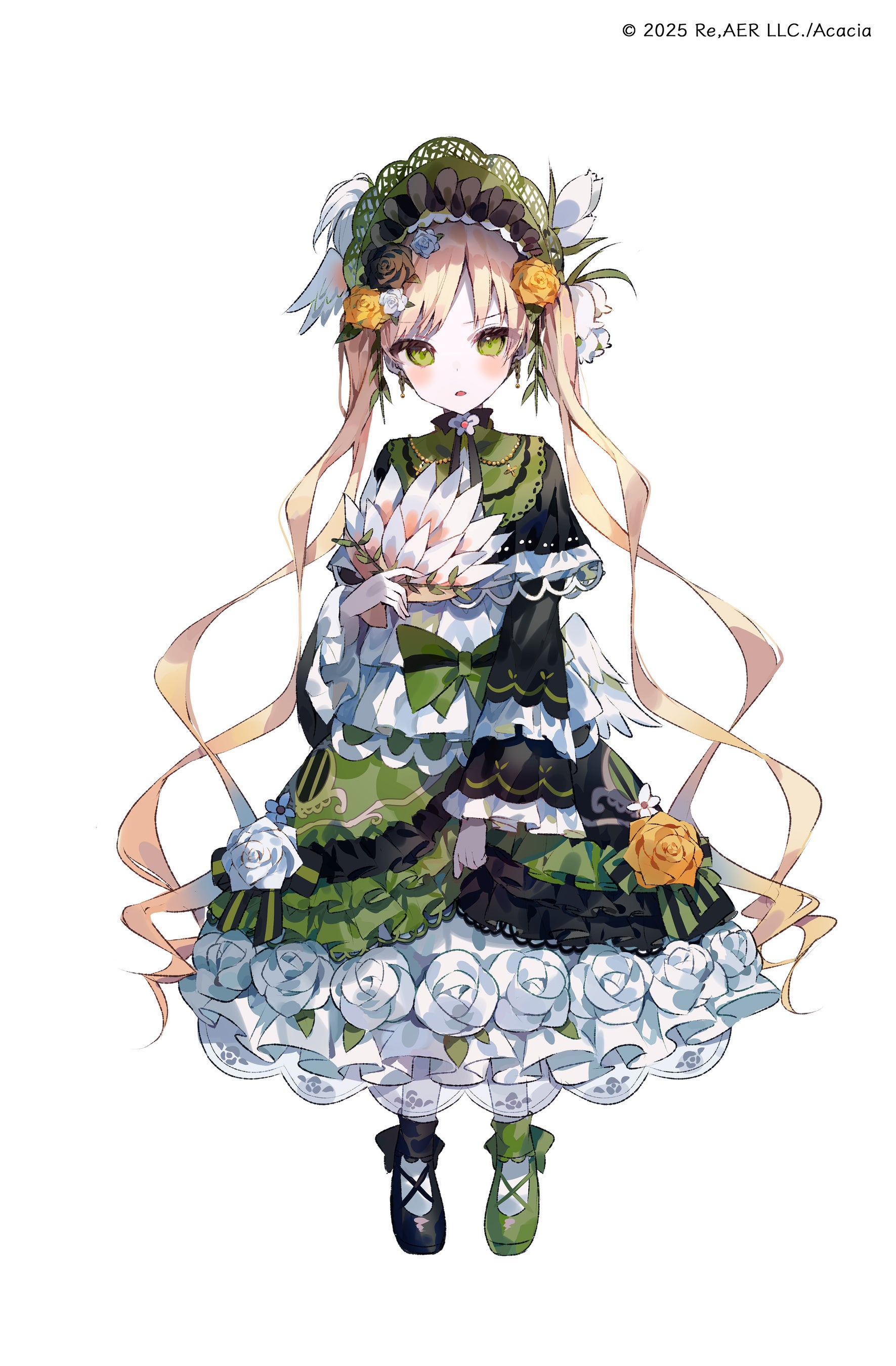 umemaro (siona0908), toono hanna, mahou shoujo no majo saiban, absurdres, highres, official art, second-party source, 1girl, black robe, black shoes, blonde hair, bonnet, bow, capelet, copyright notice, dress, earrings, flower, frilled capelet, frilled dress, frilled sleeves, frills, full body, green bow, green dress, green eyes, green shoes, hair flower, hair ornament, hand fan, holding, holding fan, jewelry, layered dress, layered sleeves, lolita fashion, long hair, long sleeves, looking at viewer, magical girl, open mouth, pale skin, robe, rose, shoes, simple background, solo, standing, tachi-e, twintails, very long hair, white background, white flower, white rose, white wings, wings, yellow flower, yellow rose