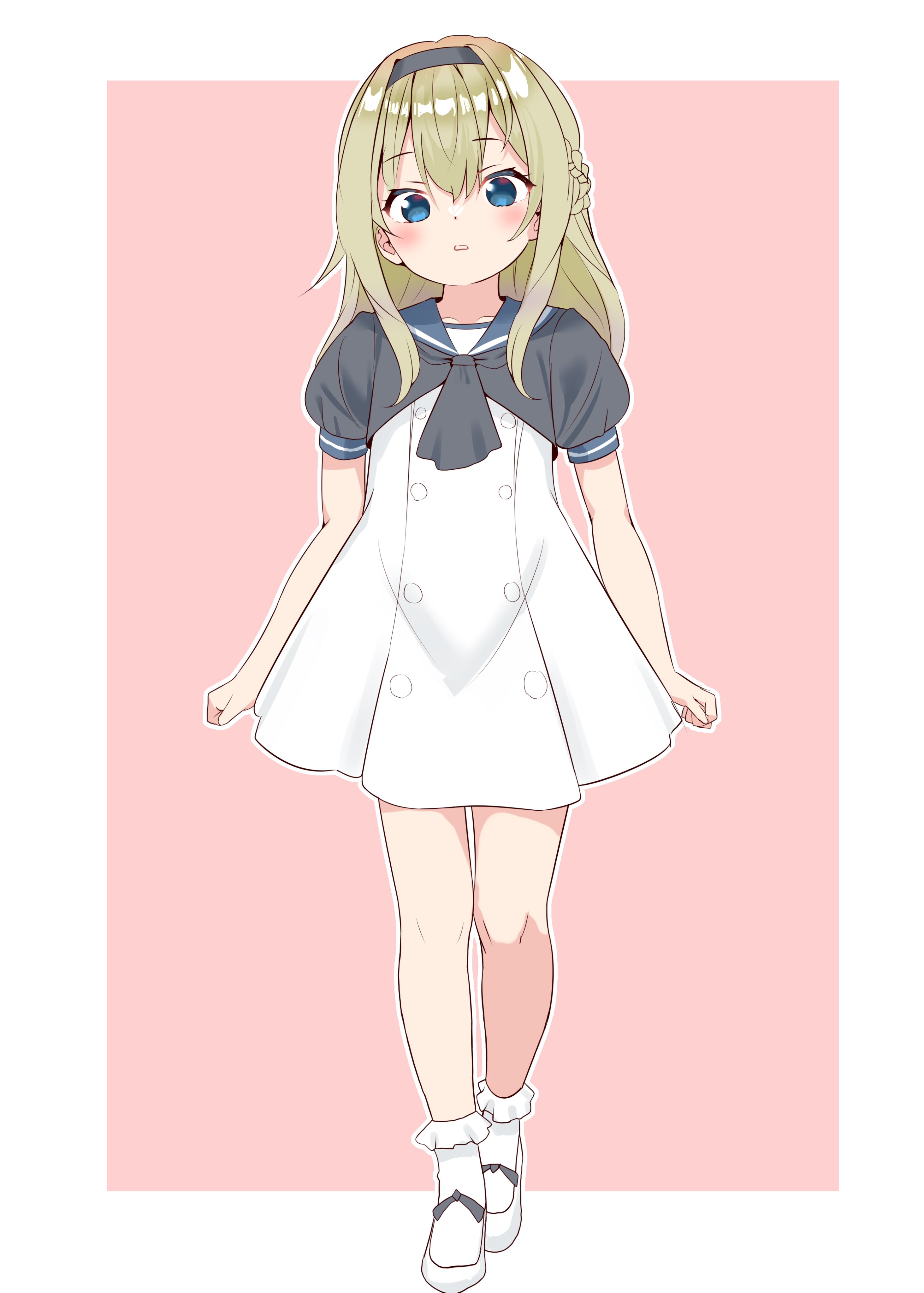 sakurai nana (moshichi), jervis (kancolle), warspite (kancolle), kantai collection, absurdres, highres, 1girl, aged down, black hairband, black neckerchief, blonde hair, blue eyes, blue sailor collar, braid, cosplay, dress, hairband, half up braid, jervis (kancolle) (cosplay), long hair, looking at viewer, mary janes, neckerchief, pink background, sailor collar, sailor dress, shoes, short sleeves, solo, standing, white dress, white shoes
