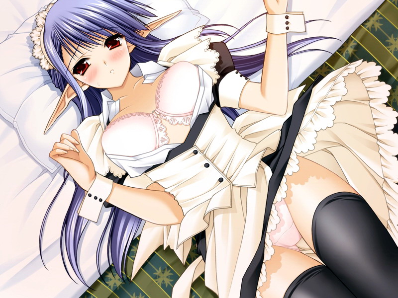 suzuhira hiro, nerine, shuffle!, game cg, 00s, 1girl, bed, black thighhighs, blue hair, blush, bra, dress, female focus, headdress, lingerie, long hair, lying, maid, on back, panties, pantyshot, petticoat, pink panties, pointy ears, red eyes, solo, standing, thigh gap, thighhighs, thighs, underwear