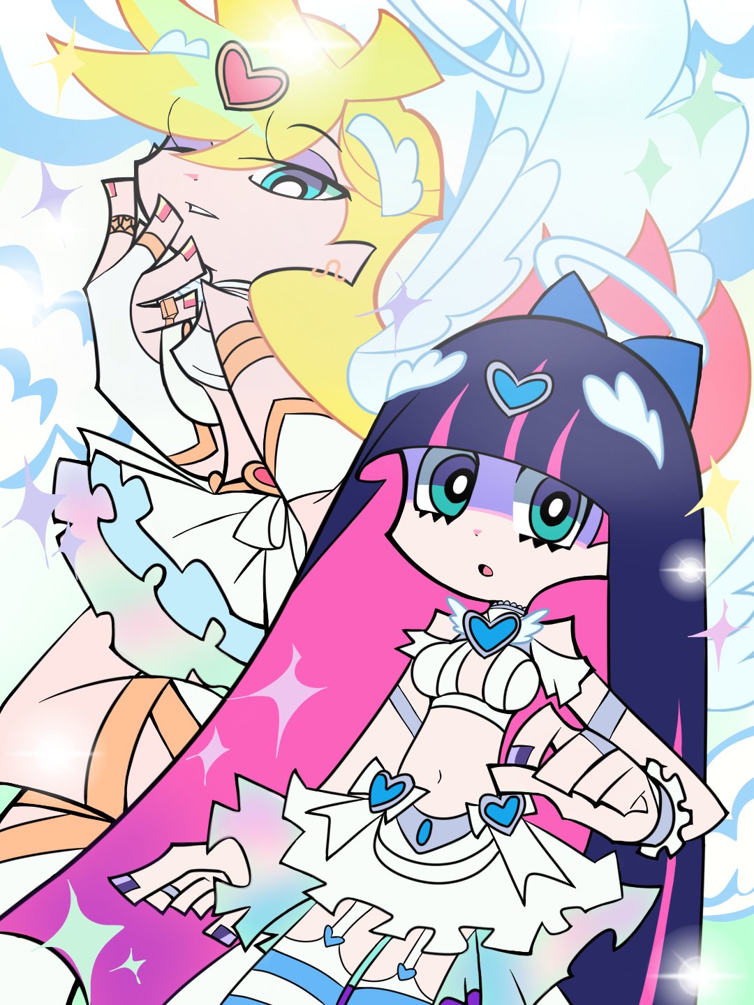 panty (psg), stocking (psg), panty & stocking with garterbelt, highres, 2girls, blonde hair, blue eyes, bow, breasts, ceo80718, colored inner hair, hair bow, halo, jewelry, long hair, looking at viewer, multicolored hair, multiple girls, official style, pink hair, siblings, sisters, striped clothes, striped thighhighs, thighhighs, traditional halo, two-tone hair