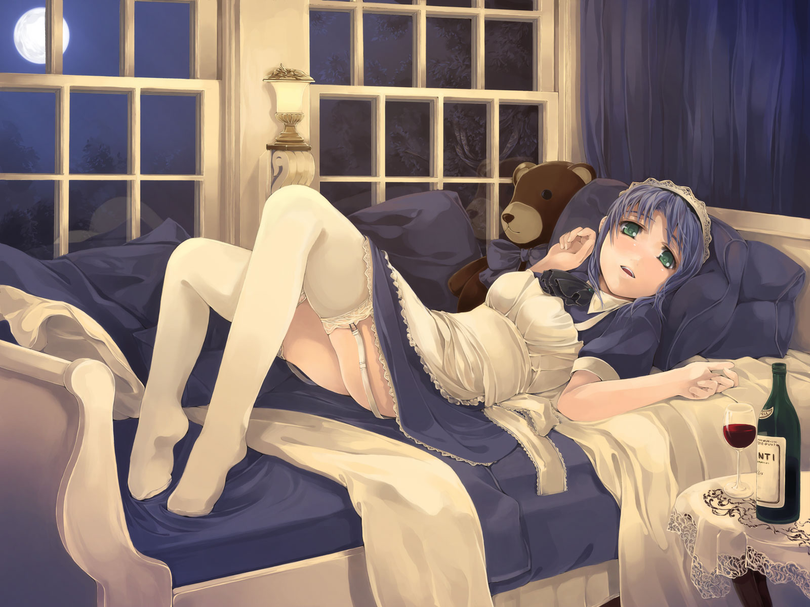 simosi, highres, 1girl, alcohol, bottle, cup, drinking glass, drunk, feet, female focus, frills, full moon, garter belt, garter straps, glass, green eyes, knees up, lamp, lingerie, lying, maid, maid headdress, moon, night, on back, open mouth, pillow, solo, stuffed animal, stuffed toy, teddy bear, thighhighs, underwear, white thighhighs, window, wine, wine bottle, wine glass