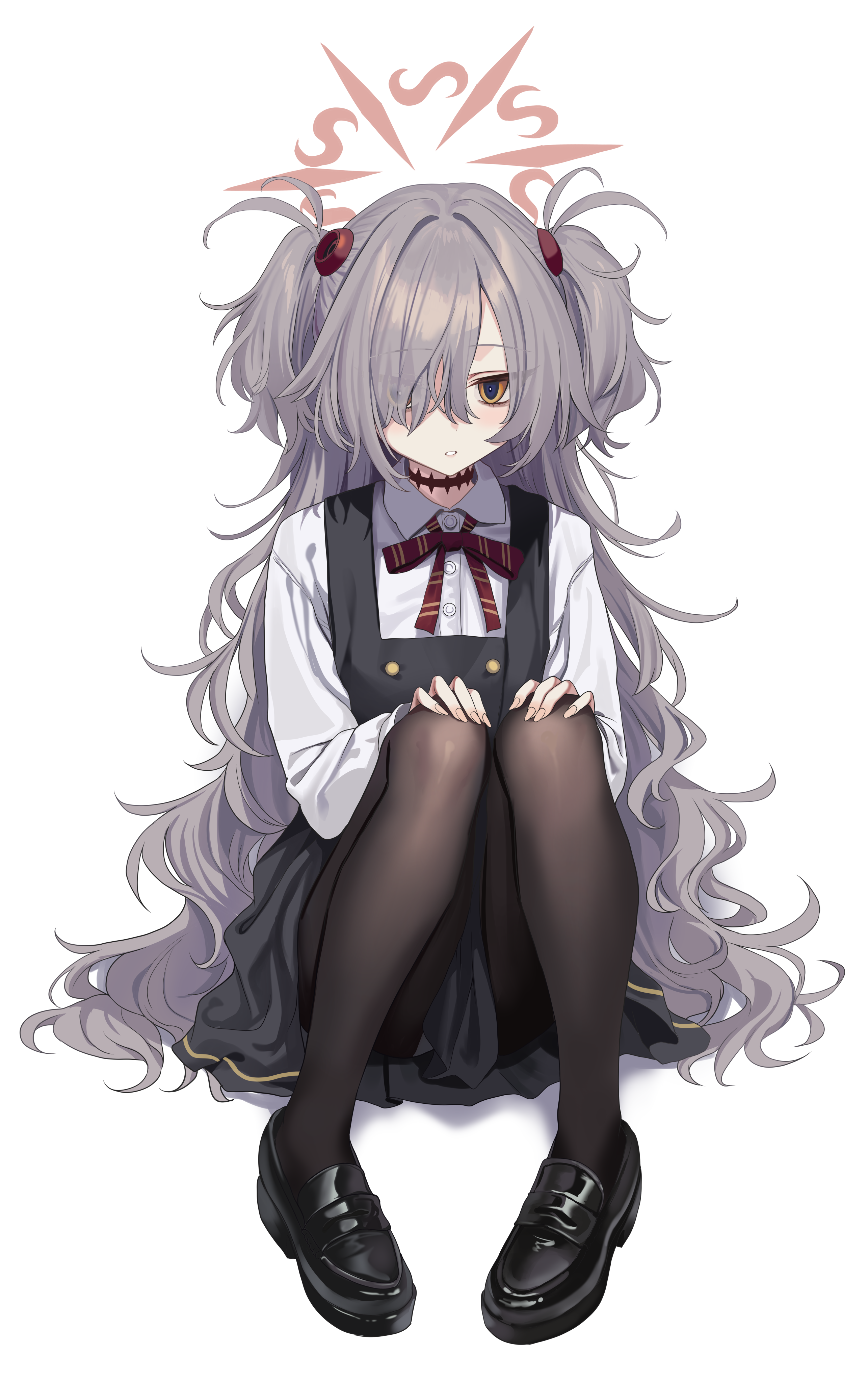 hidis0086, kanoe (blue archive), blue archive, absurdres, highres, 1girl, antique firearm, black dress, black pantyhose, black shoes, blunderbuss, brown halo, diagonal-striped ribbon, dress, firearm, grey hair, gun, hair over one eye, halo, knees up, loafers, long hair, long sleeves, looking at viewer, pantyhose, pinafore dress, scar, scar on neck, shirt, shoes, simple background, sitting, skirt, sleeveless, sleeveless dress, solo, two side up, very long hair, weapon, white background, white shirt
