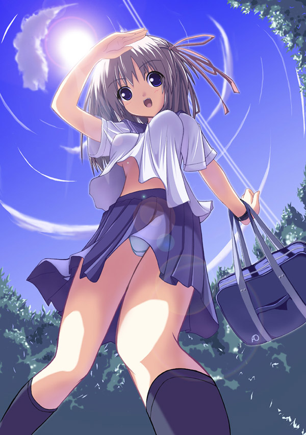 senmu (senmudayo), 1girl, artistic error, backpack, bad anatomy, bag, black socks, blonde hair, blue eyes, breasts, cloud, day, female focus, fisheye, from below, kneehighs, large breasts, lens flare, panties, pantyshot, pleated skirt, poorly drawn, randoseru, school bag, school uniform, serafuku, short hair, skirt, sky, socks, solo, standing, underboob, underwear, upskirt, white panties