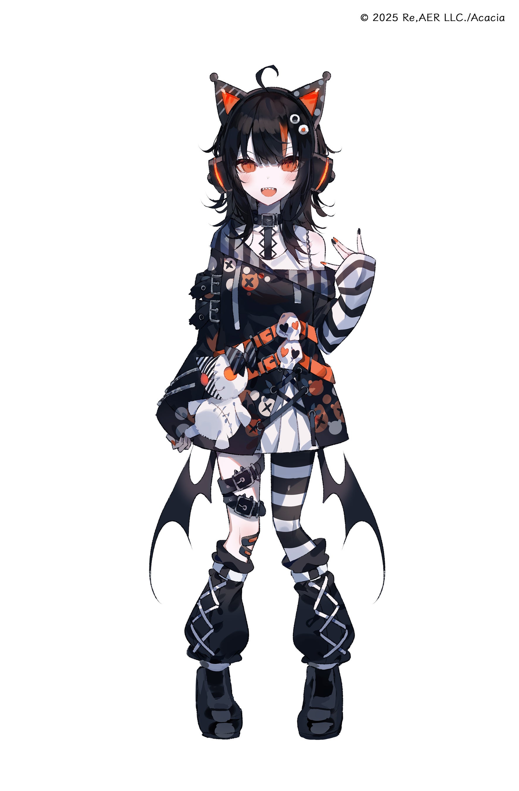 umemaro (siona0908), mahou shoujo no majo saiban, absurdres, highres, official art, second-party source, 1girl, ahoge, animal ear headphones, animal ears, arm warmers, asymmetrical legwear, bandaid, bandaid on leg, belt, black belt, black boots, black collar, black dress, black hair, black nails, black wings, boots, cat ear headphones, collar, copyright notice, demon wings, dress, fake animal ears, full body, headphones, leg warmers, long sleeves, looking at viewer, magical girl, medium hair, multicolored hair, nail polish, open mouth, orange eyes, orange nails, pale skin, pantyhose, sawatari koko, sharp teeth, simple background, single leg pantyhose, skull, smile, solo, standing, streaked hair, striped clothes, striped pantyhose, stuffed animal, stuffed cat, stuffed toy, tachi-e, teeth, white background, wings