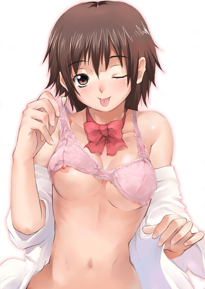shihira tatsuya, original, 1girl, bra, bra lift, breasts, female focus, large breasts, lingerie, nipple slip, nipples, pink bra, solo, underwear