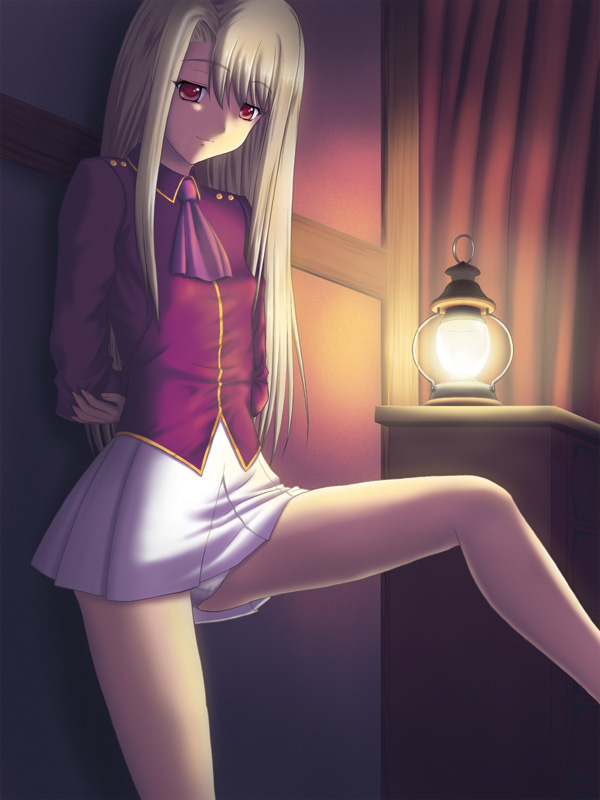 illyasviel von einzbern, fate/stay night, fate (series), 00s, 1girl, against wall, blonde hair, blouse, curtains, female focus, flat chest, lantern, leg lift, long hair, miniskirt, night, panties, pantyshot, red eyes, shirt, skirt, solo, standing, underwear, upskirt, white panties