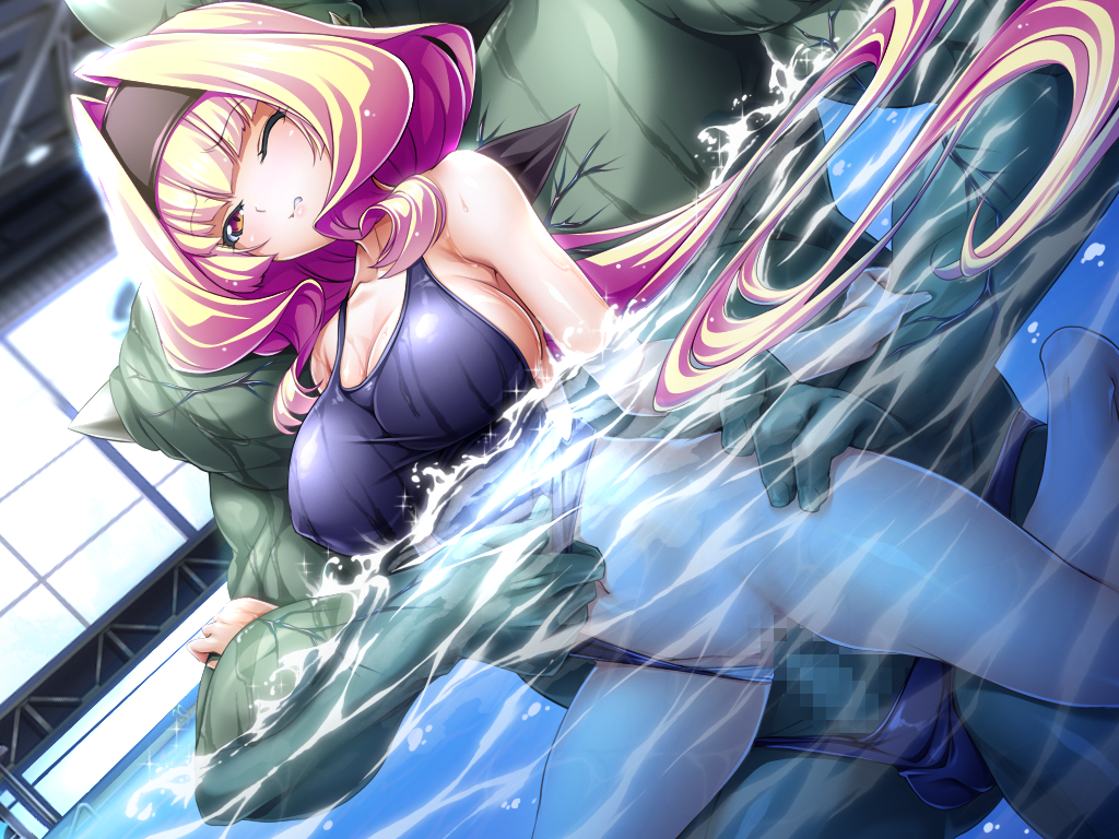 inoino, kouyoku senki exs-tia, game cg, large variant set, non-web source, official art, variant set, 1boy, 1girl, azarin (exs-tia), barefoot, black hairband, blonde hair, blue one-piece swimsuit, blush, breasts, censored, cleavage, clenched teeth, clothes pull, clothing aside, collarbone, colored skin, competition swimsuit, covered erect nipples, green skin, hair intakes, hairband, headband, hetero, indoors, large breasts, long hair, mosaic censoring, one-piece swimsuit, one-piece swimsuit pull, one eye closed, partially submerged, penis, pool, red eyes, school swimsuit, sex, sex from behind, sideboob, solo focus, sportgil, swimsuit, swimsuit aside, teeth, vaginal, very long hair, water, wet, wince