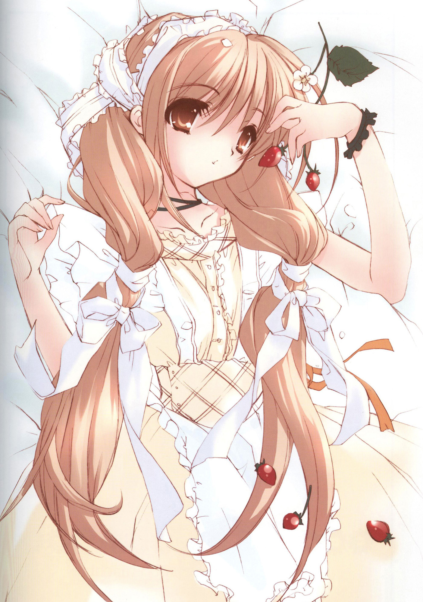 ito noizi, highres, non-web source, apron, bed, brown eyes, brown hair, dress, food, fruit, long hair, maid, maid apron, solo, strawberry, twintails