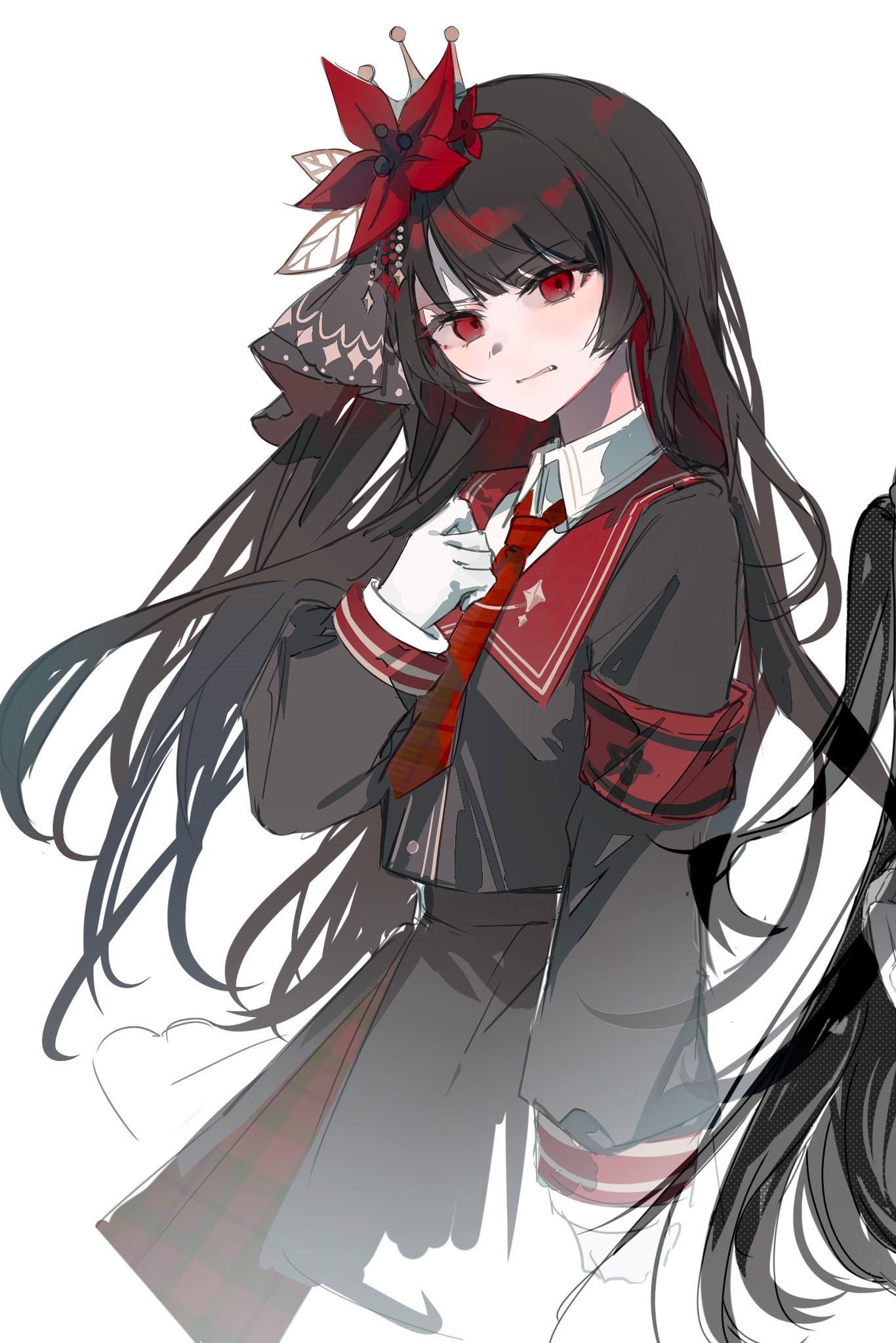 duany, nikaidou hiro, mahou shoujo no majo saiban, highres, unfinished, 1girl, armband, black hair, black serafuku, black veil, cropped legs, crown, fang, flower, from side, glaring, gloves, grimace, long hair, looking at viewer, looking to the side, red armband, red eyes, red flower, school uniform, serafuku, simple background, solo, veil, very long hair, white background, white gloves