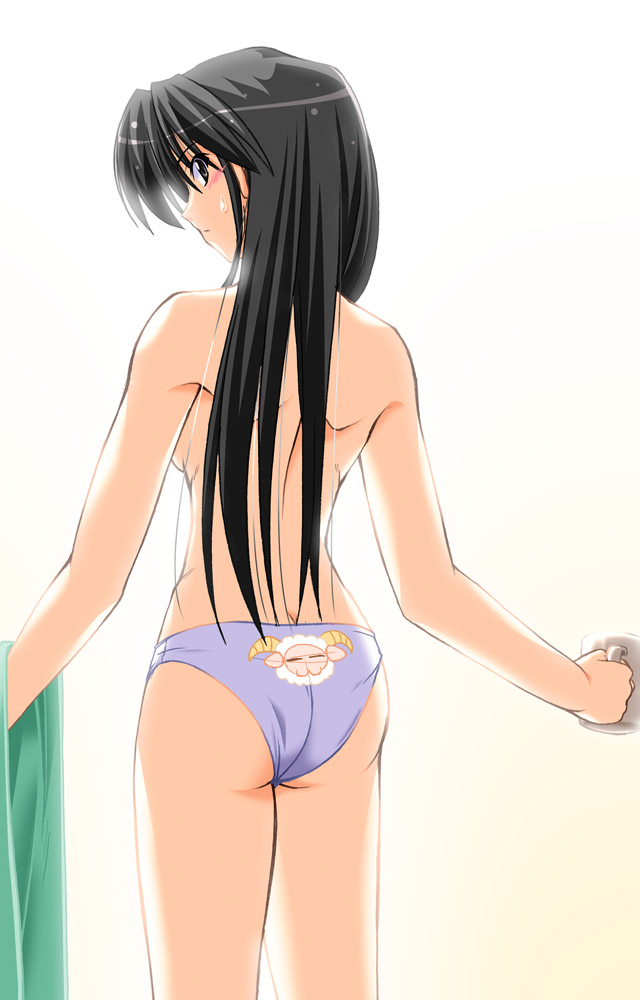 1girl, ass, back, black eyes, black hair, blue panties, butt crack, cup, female focus, from behind, long hair, looking back, mug, panties, print panties, solo, standing, thighs, topless female, underwear, underwear only