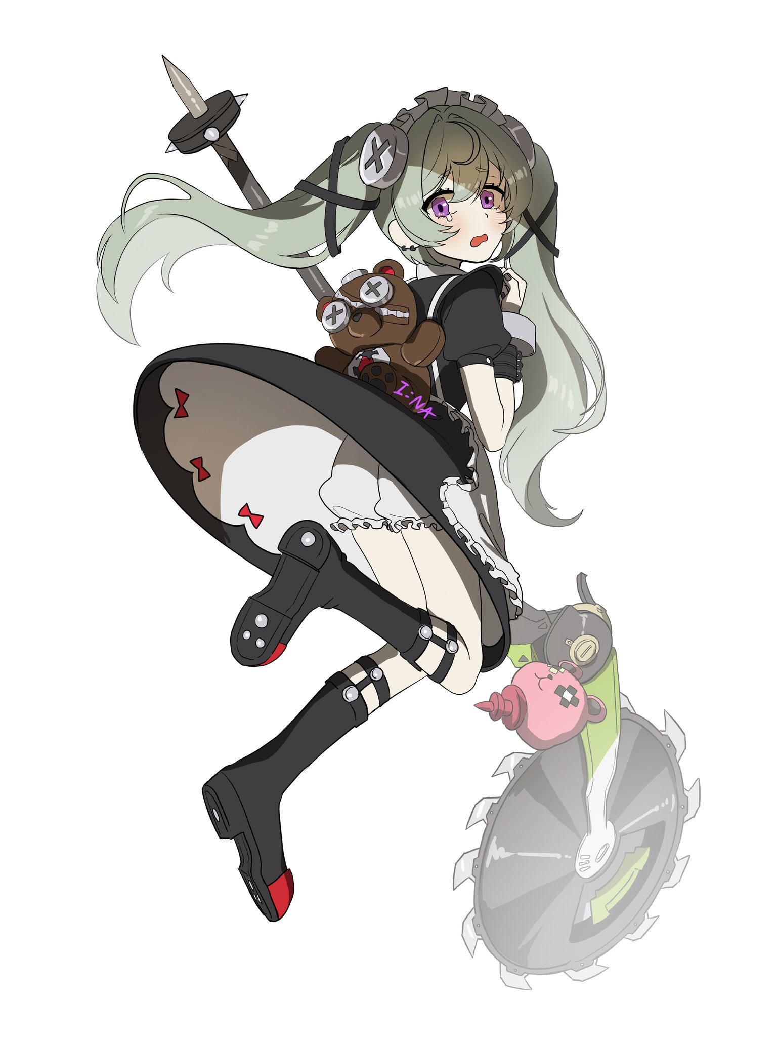 corin wickes, zenless zone zero, commentary, highres, symbol-only commentary, 1girl, animal bag, apron, artist name, bear bag, black boots, black dress, bloomers, boots, circular saw, cuffs, dress, full body, green hair, hair between eyes, holding, holding weapon, ina artwork, knee boots, long hair, looking at viewer, maid, maid apron, maid headdress, open mouth, puffy short sleeves, puffy sleeves, purple eyes, saw, screw hair ornament, short sleeves, simple background, single tear, solo, twintails, underwear, weapon, white apron, white background, white bloomers