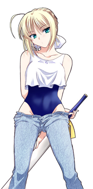 artoria pendragon (fate), saber (fate), fate/stay night, fate (series), 00s, 1girl, alternate costume, blonde hair, clothes pull, denim, excalibur (fate/stay night), female focus, jeans, one-piece swimsuit, pants, pants pull, solo, swimsuit, swimsuit under clothes, sword, weapon