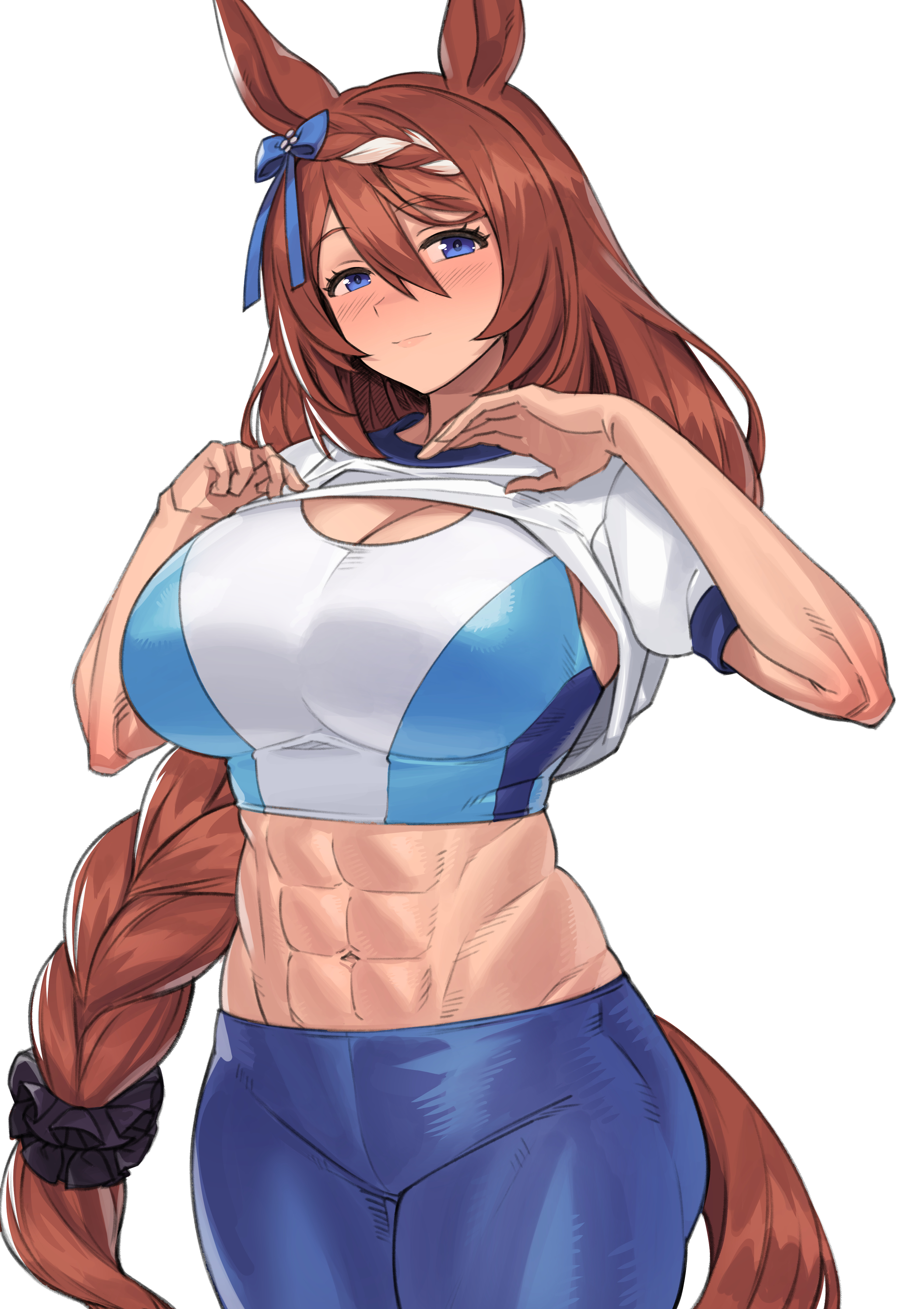fukuro (maruaru00), super creek (umamusume), umamusume, absurdres, commentary, commentary request, english commentary, highres, mixed-language commentary, 1girl, abs, alternate costume, animal ears, blue bow, blue eyes, blue pants, blue sports bra, blush, bow, braid, braided ponytail, breasts, brown hair, cleavage, closed mouth, clothes lift, cowboy shot, ear bow, ear ornament, groin, hair between eyes, horse ears, horse girl, horse tail, large breasts, lifting own clothes, long hair, looking at viewer, low-tied long hair, midriff, multicolored hair, navel, nose blush, pants, shirt, shirt lift, short sleeves, sidelocks, simple background, smile, solo, sports bra, streaked hair, tail, very long hair, white background, white hair, white shirt, white sports bra, yoga pants