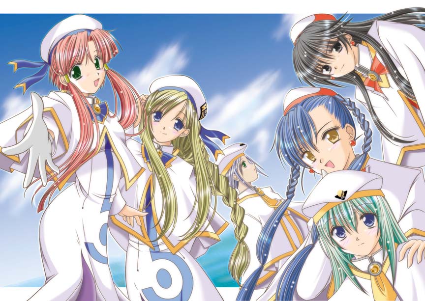 aika granzchesta, akira ferrari, alice carroll, alicia florence, athena glory, mizunashi akari, aria (manga), black legwear, light purple hair, 00s, 6+girls, black eyes, black hair, blonde hair, blue eyes, braid, capelet, dress, green hair, hat, hat ribbon, high collar, long hair, multiple girls, pantyhose, pink hair, purple pantyhose, ribbon, sidelocks, single braid, twintails, yellow eyes
